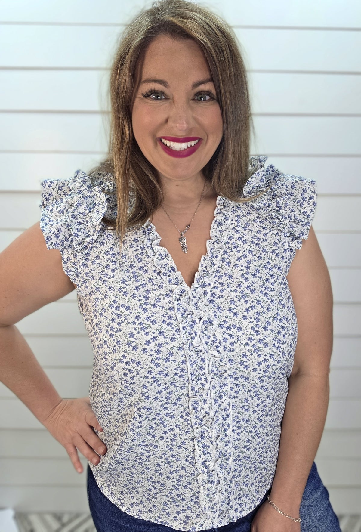 BLUE FLORAL Printed V-Neck Ruffle Cap Sleeve Blouse