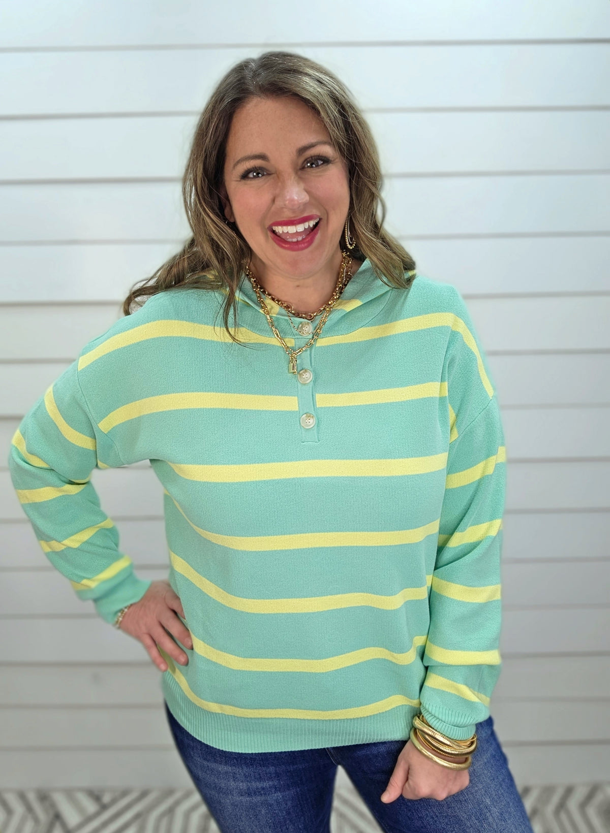 MINT/YELLOW BUTTON HENLEY HOODED KNIT PULLOVER SWEATER