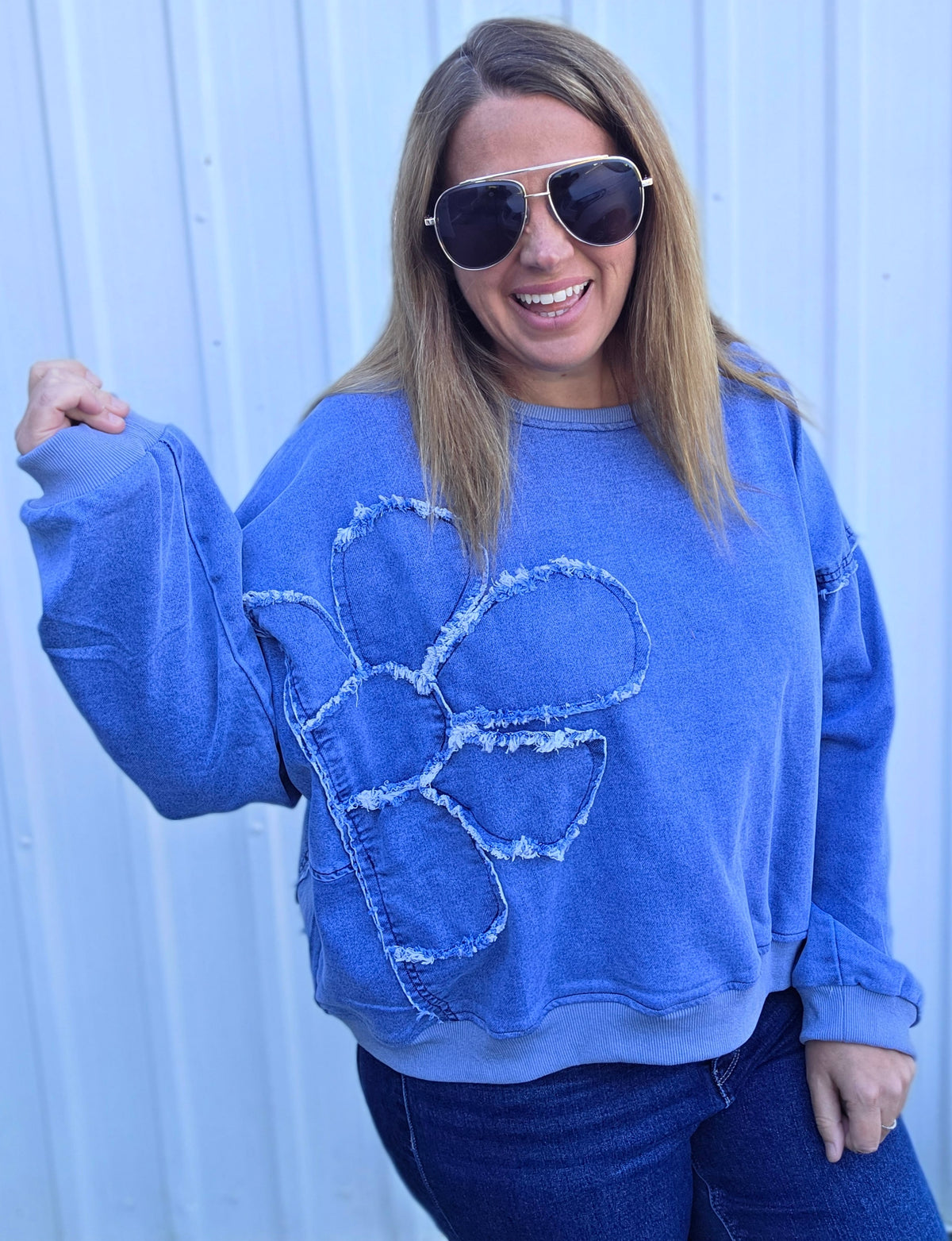 DENIM LONG SLEEVE PULLOVER WITH FLORAL DETAIL