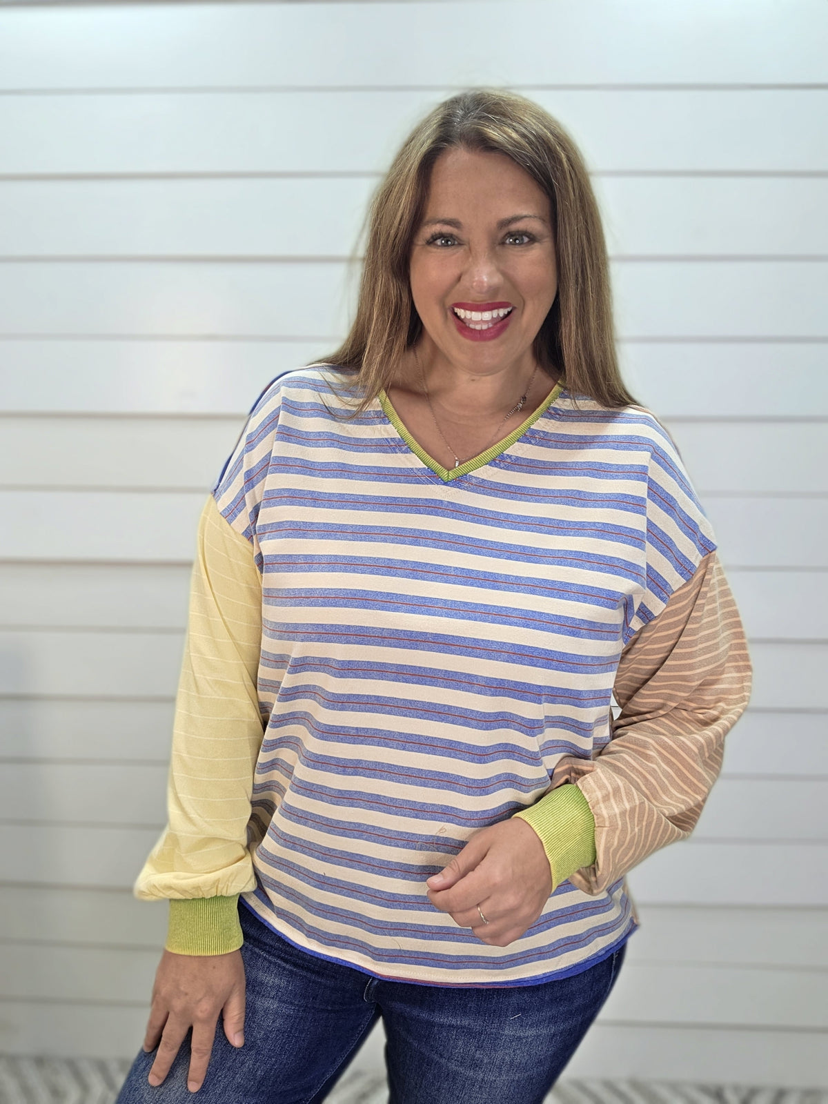 BLUE/YELLOW/PEACH/GREEN STRIPED CONTRAST TOP