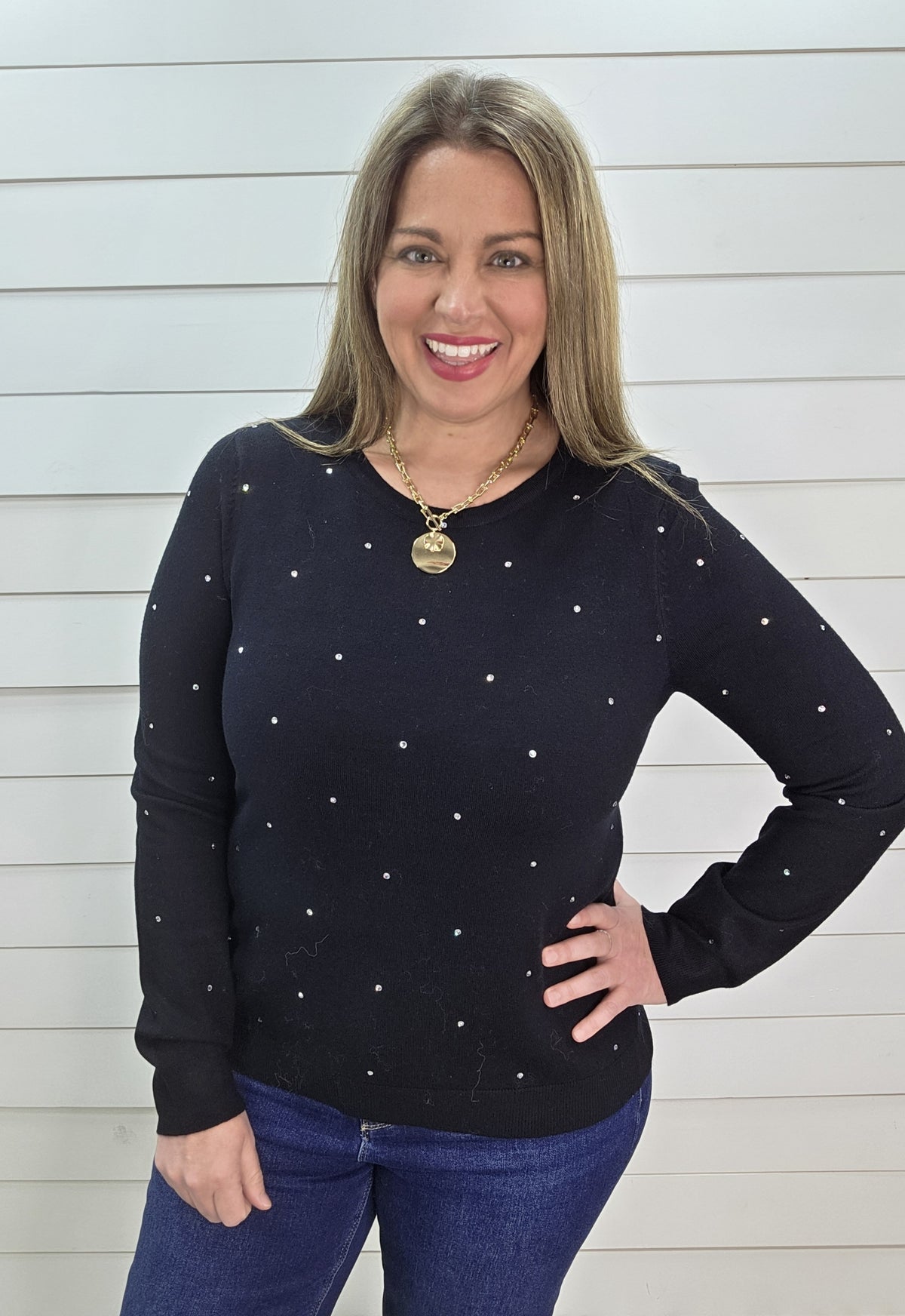 BLACK RHINESTONE LIGHT WEIGHT SWEATER