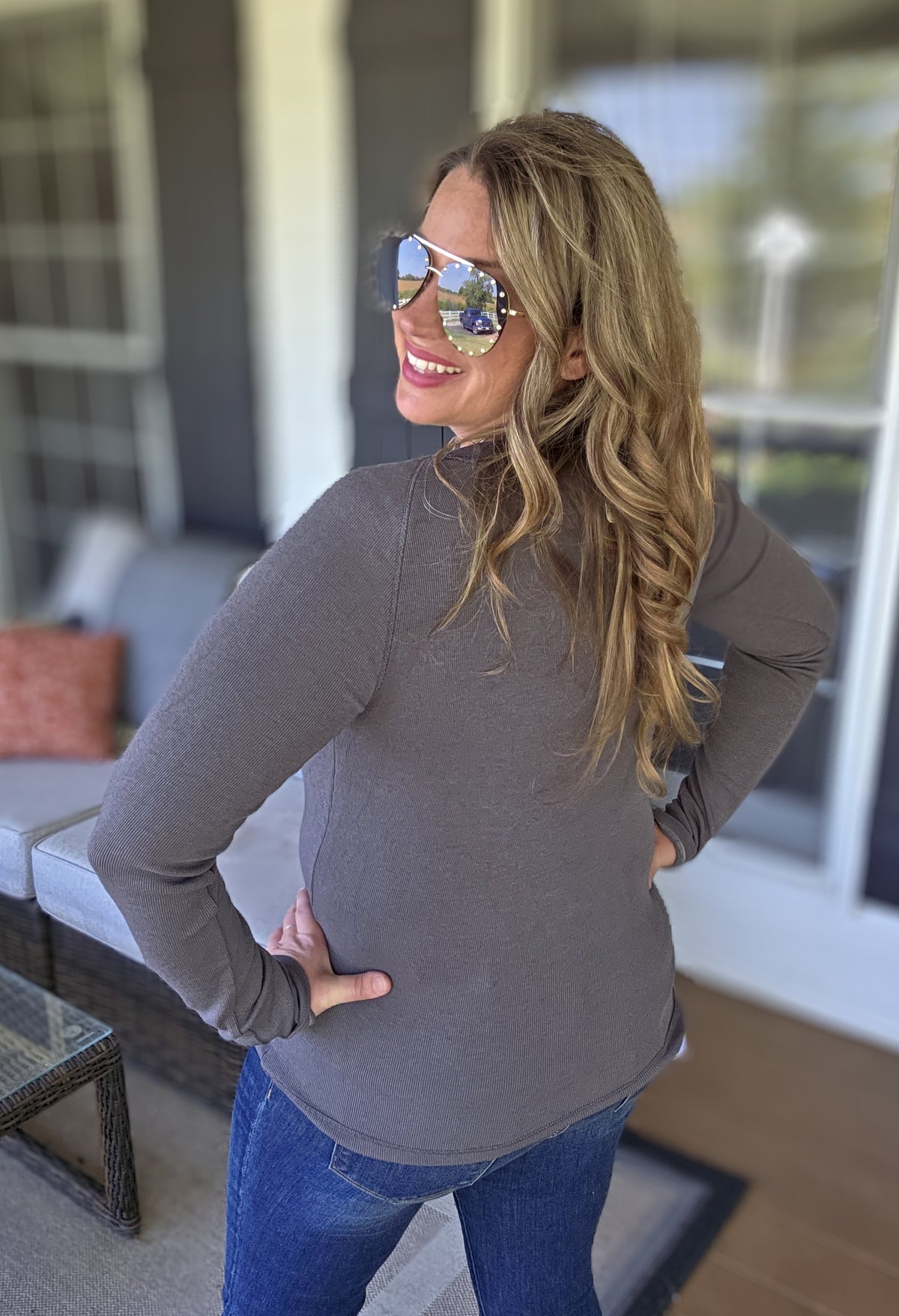 CHARCOAL RIBBED KNIT STRETCHY TOP