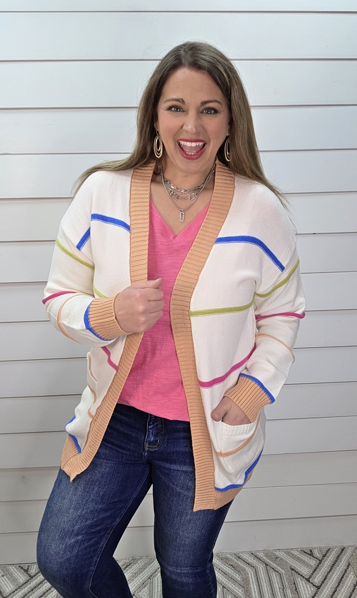 WHITE MULTI BRIGHT COLOR STRIPED KNIT CARDIGAN