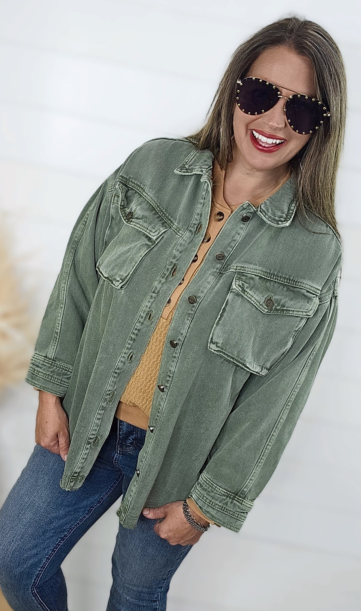 OLIVE DENIM OVERSIZED BUTTON SHIRT