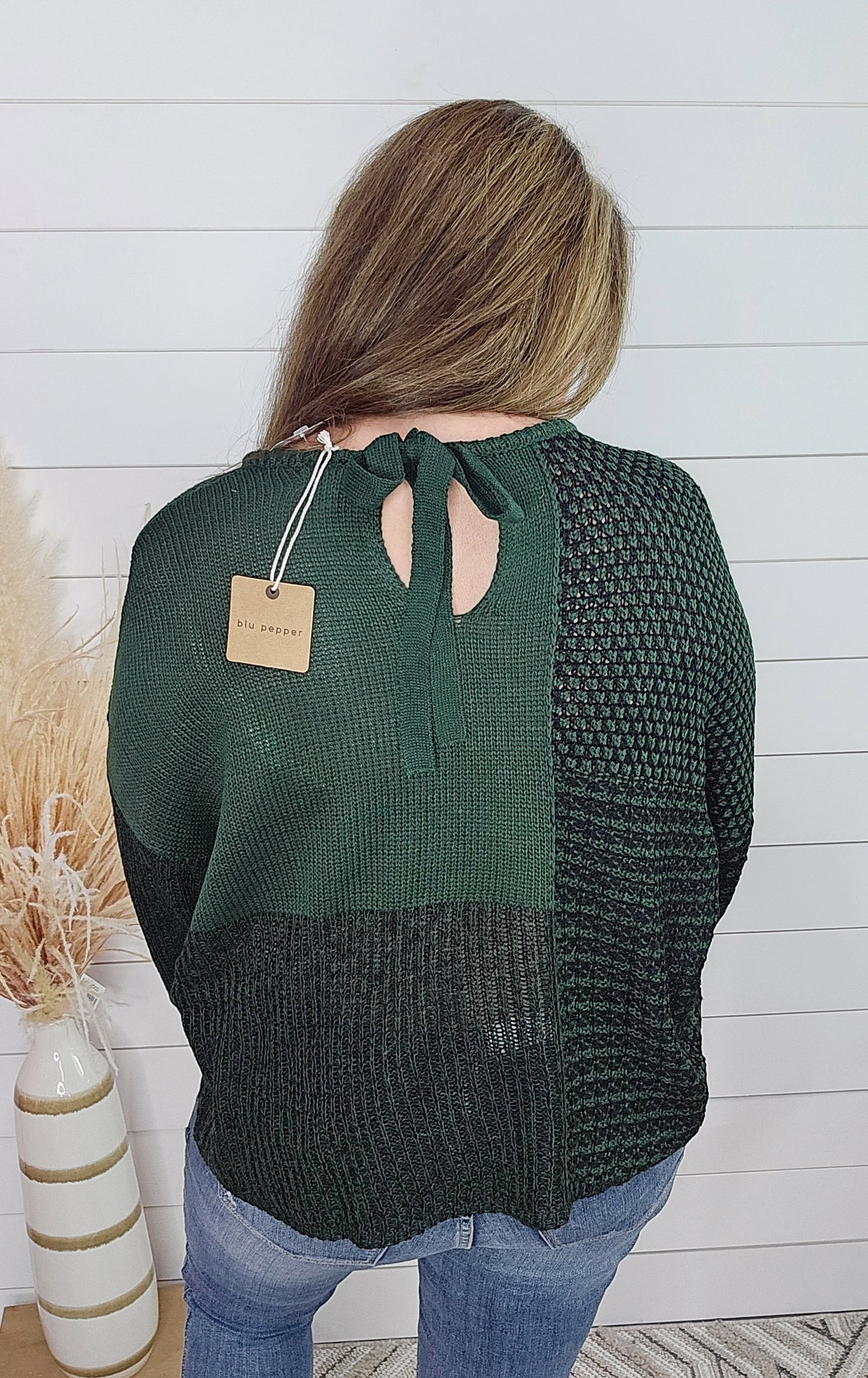 HUNTER GREEN MULTI BLOCK TIE BACK SWEATER