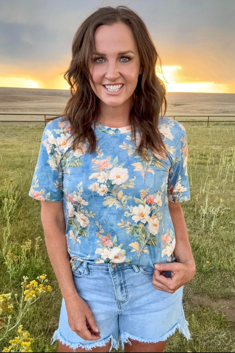 BLUE FLORAL BUTTER SOFT KNIT TOP