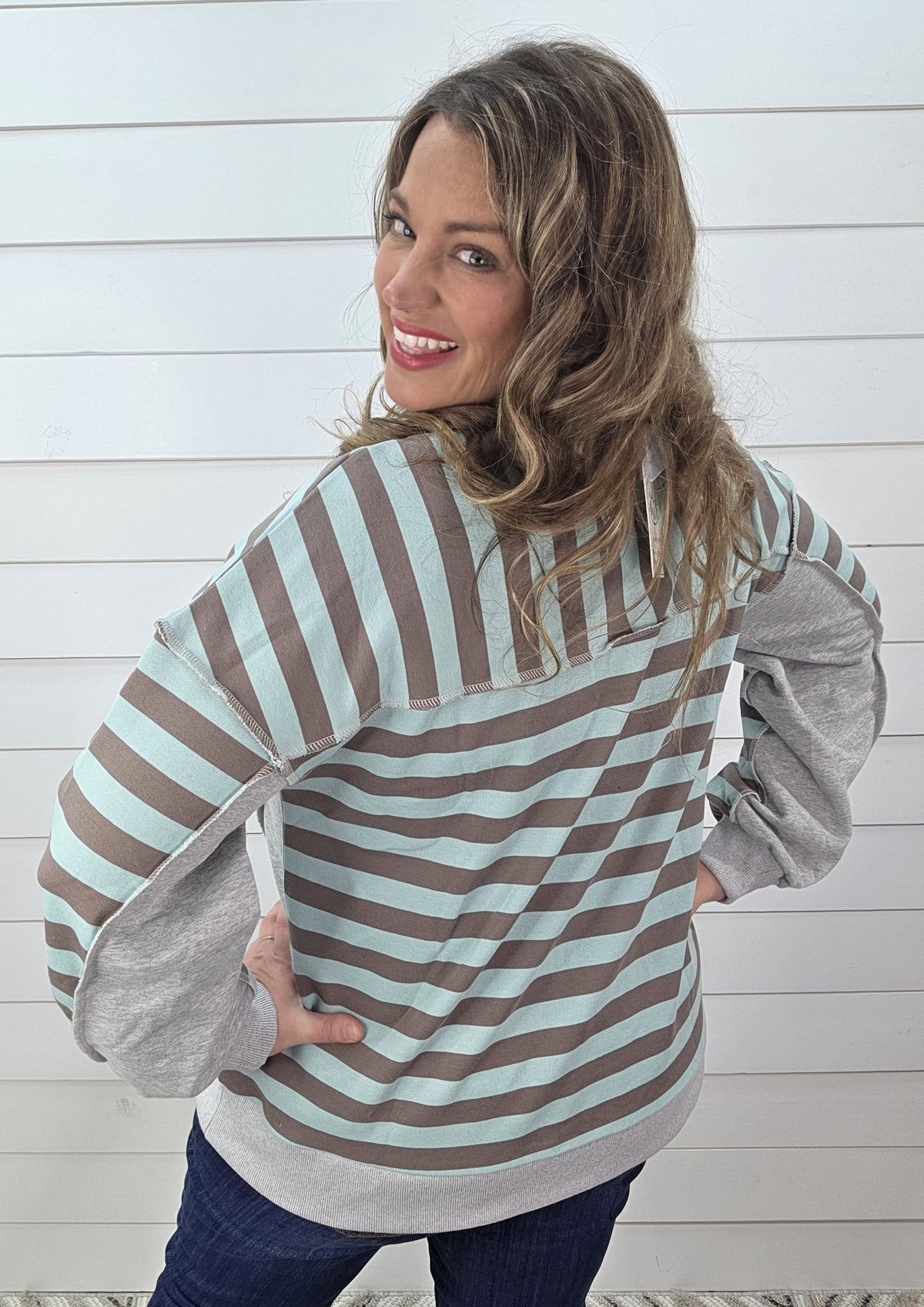 MOCHA/SAGE STRIPED FRENCH TERRY HENLEY PULLOVER