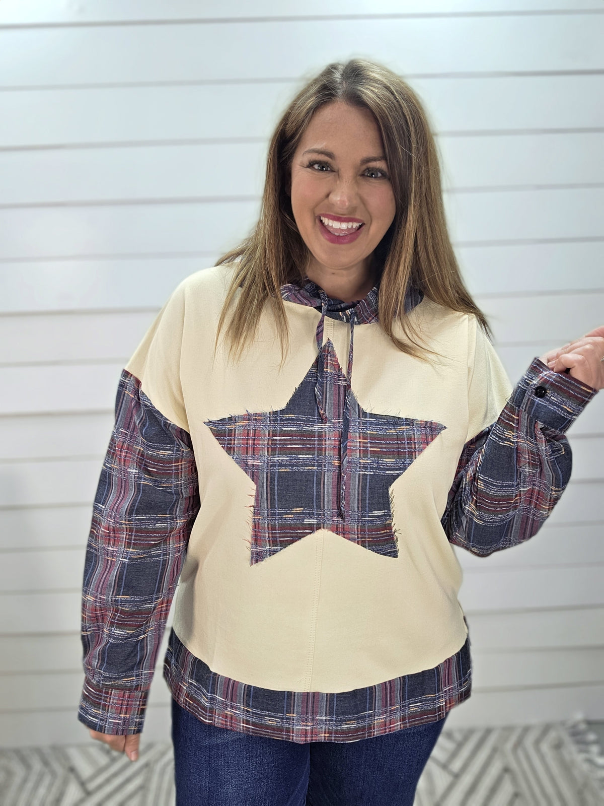 OATMEAL/PLAID STAR HOODED LIGHT WEIGHT FRENCH TERRY PULLOVER