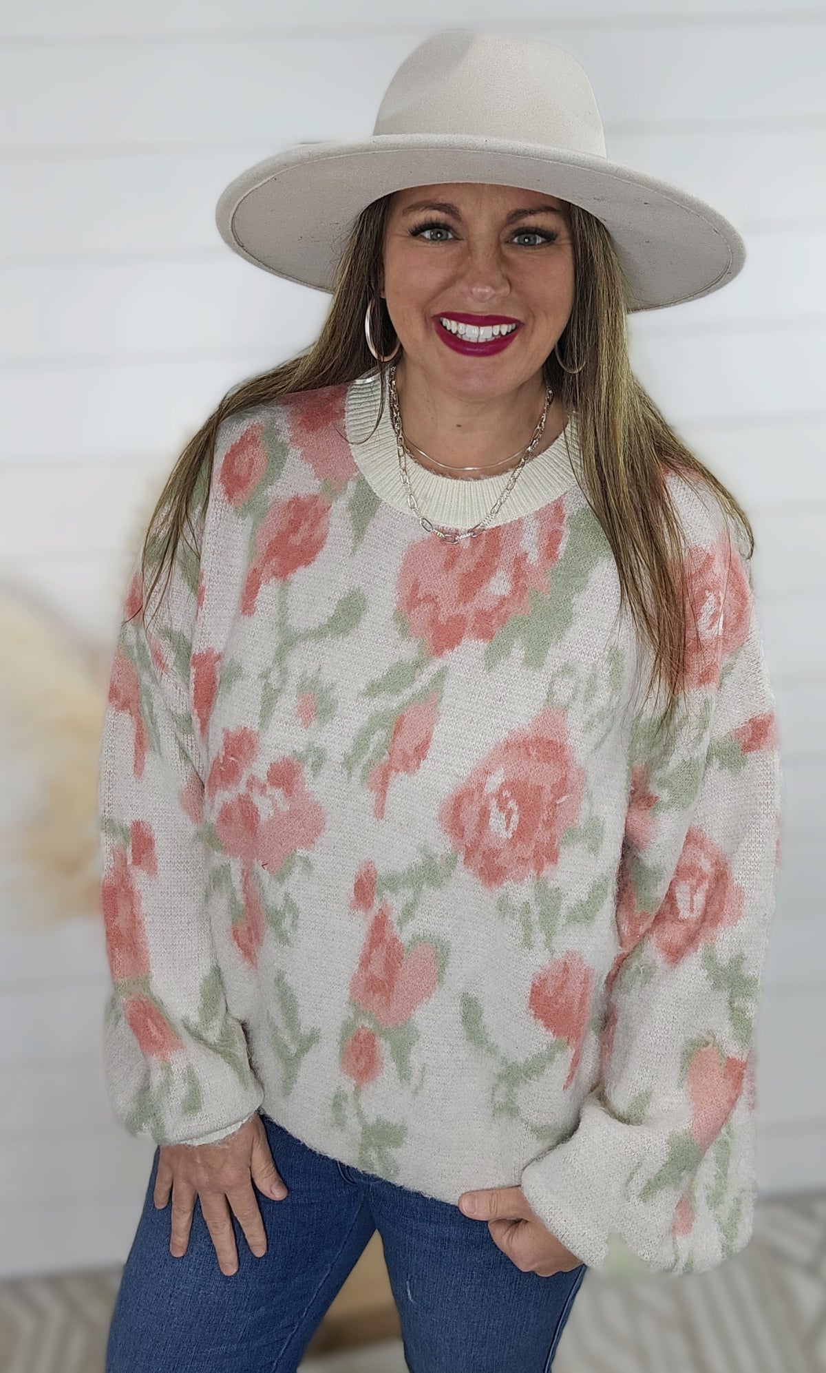 IVORY ROSE FUZZY KNIT SWEATER