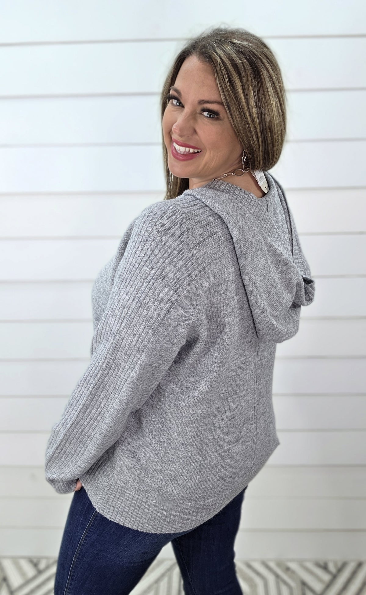 GREY KNIT HOODED LIGHT WEIGHT SWEATER