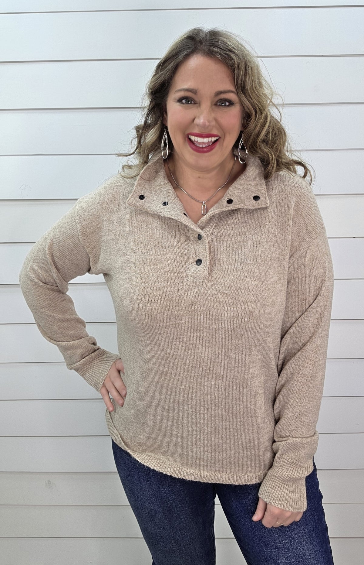 TAUPE QUARTER SNAP SOFT PULLOVER SWEATER