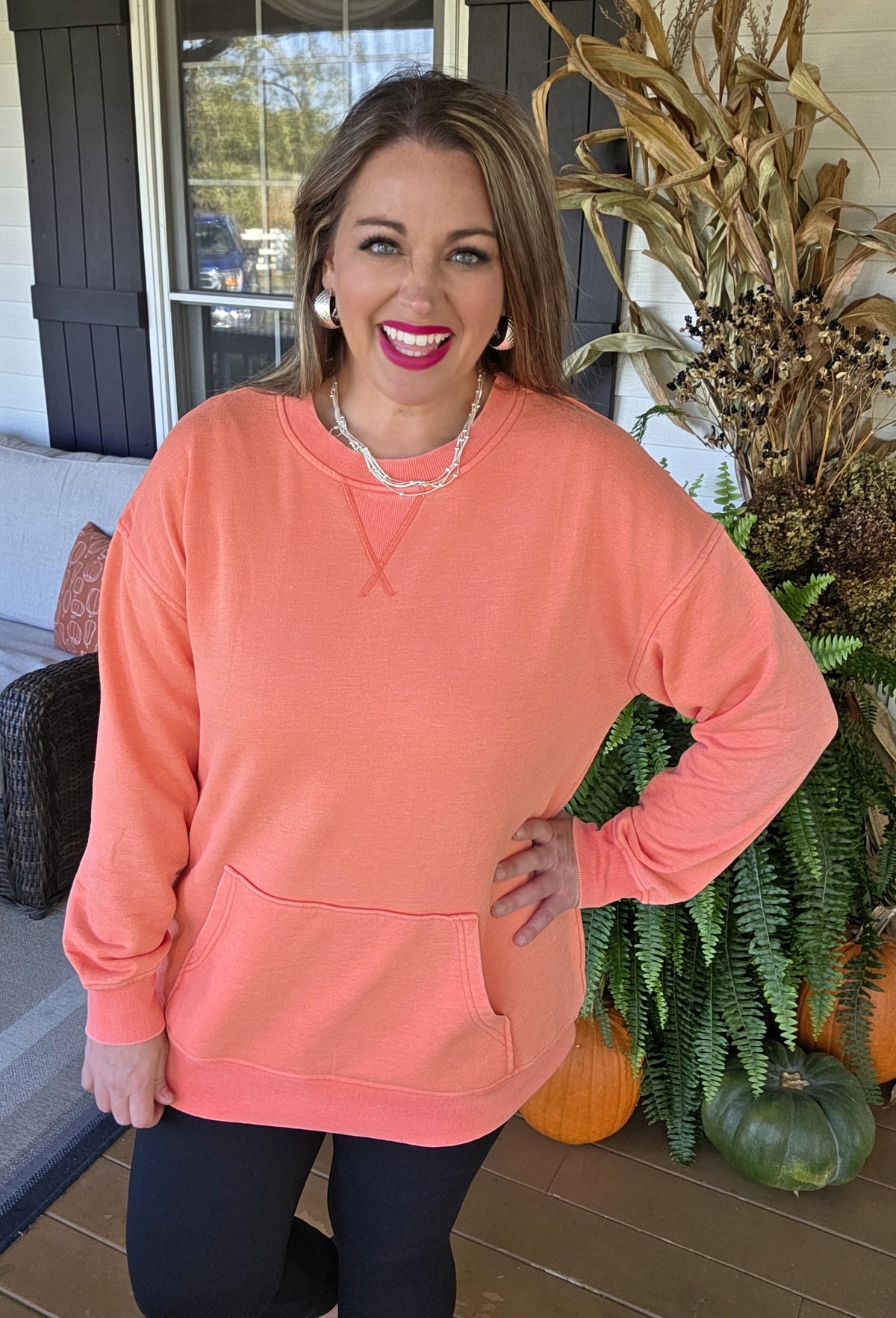 HOT CORAL MINERAL WASH PULLOVER W/ KANGAROO POCKET