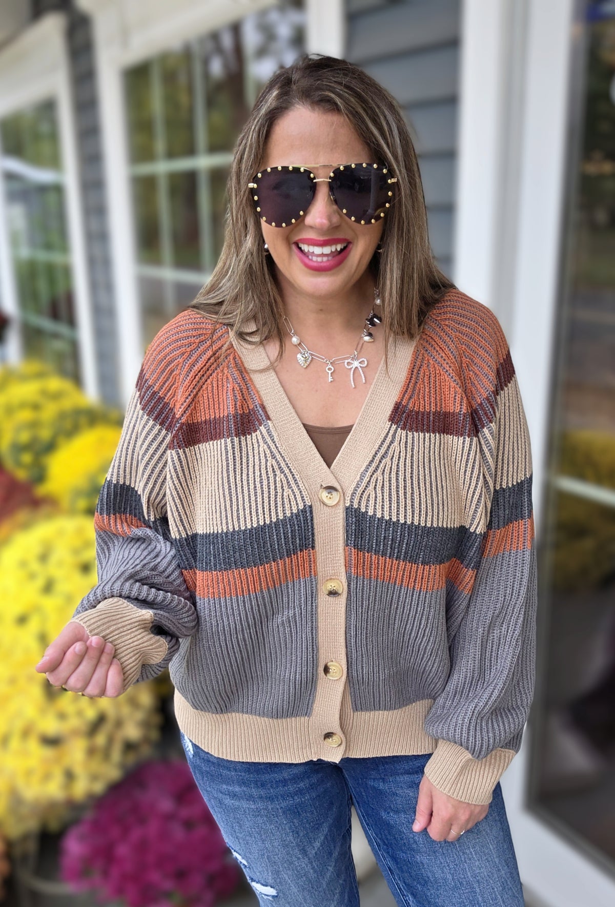 TAUPE/RUST/CHARCOAL V NECK BUTTON CARDIGAN/SWEATER