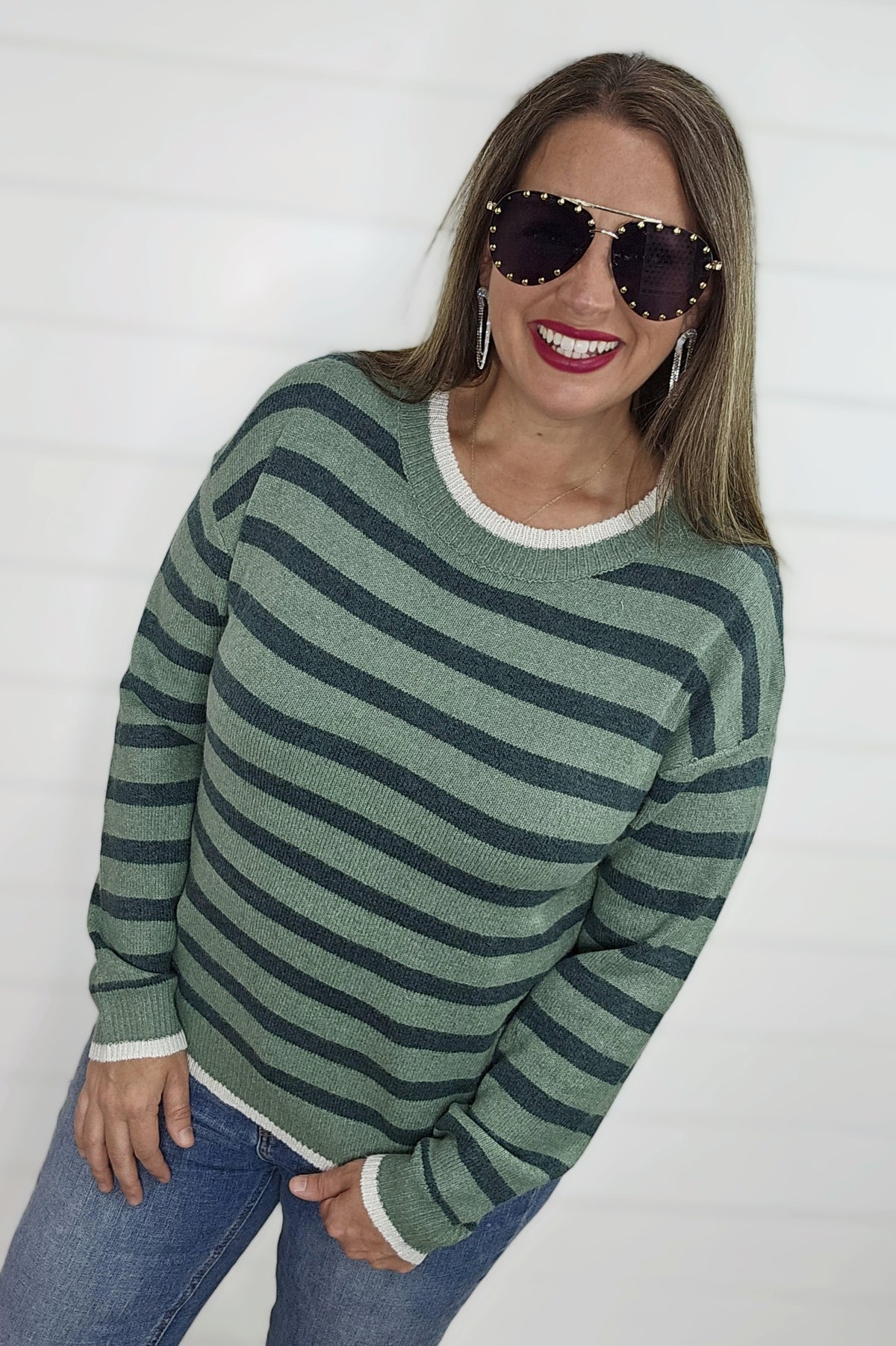 OLIVE STRIPED ULTRA SOFT CREW NECK SWEATER