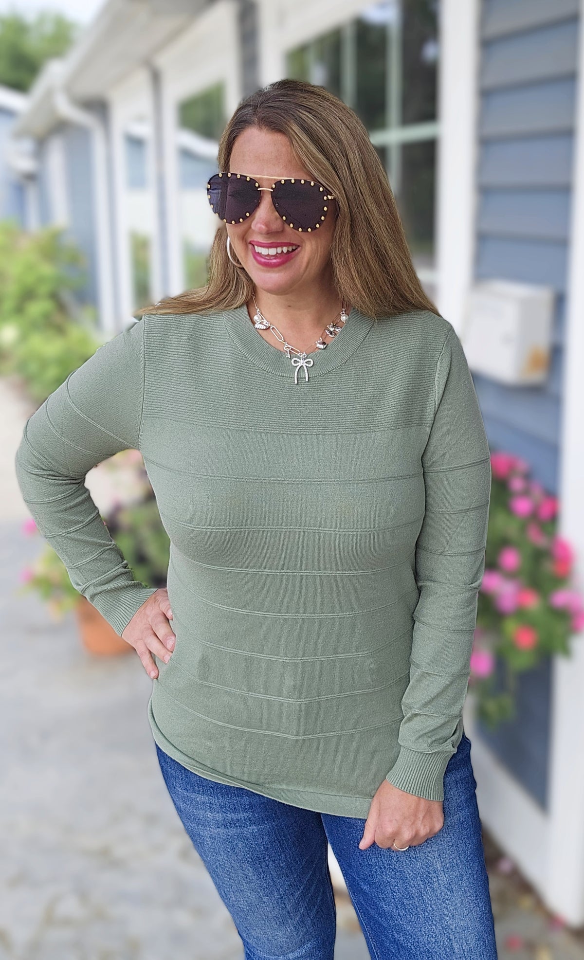 DARK SAGE PINTUCKED SUPER SOFT LIGHT WEIGHT SWEATER