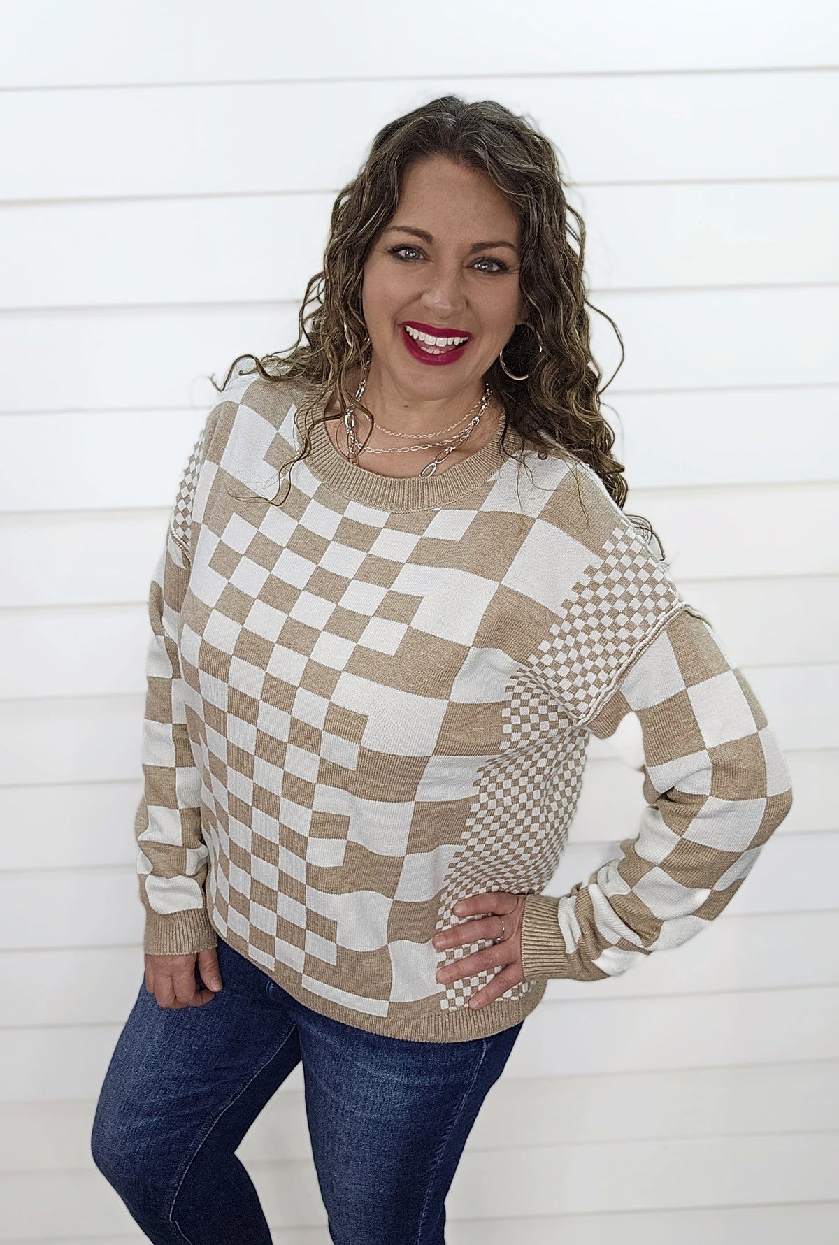 KHAKI CHECKERED DROP SHOULDER SWEATER