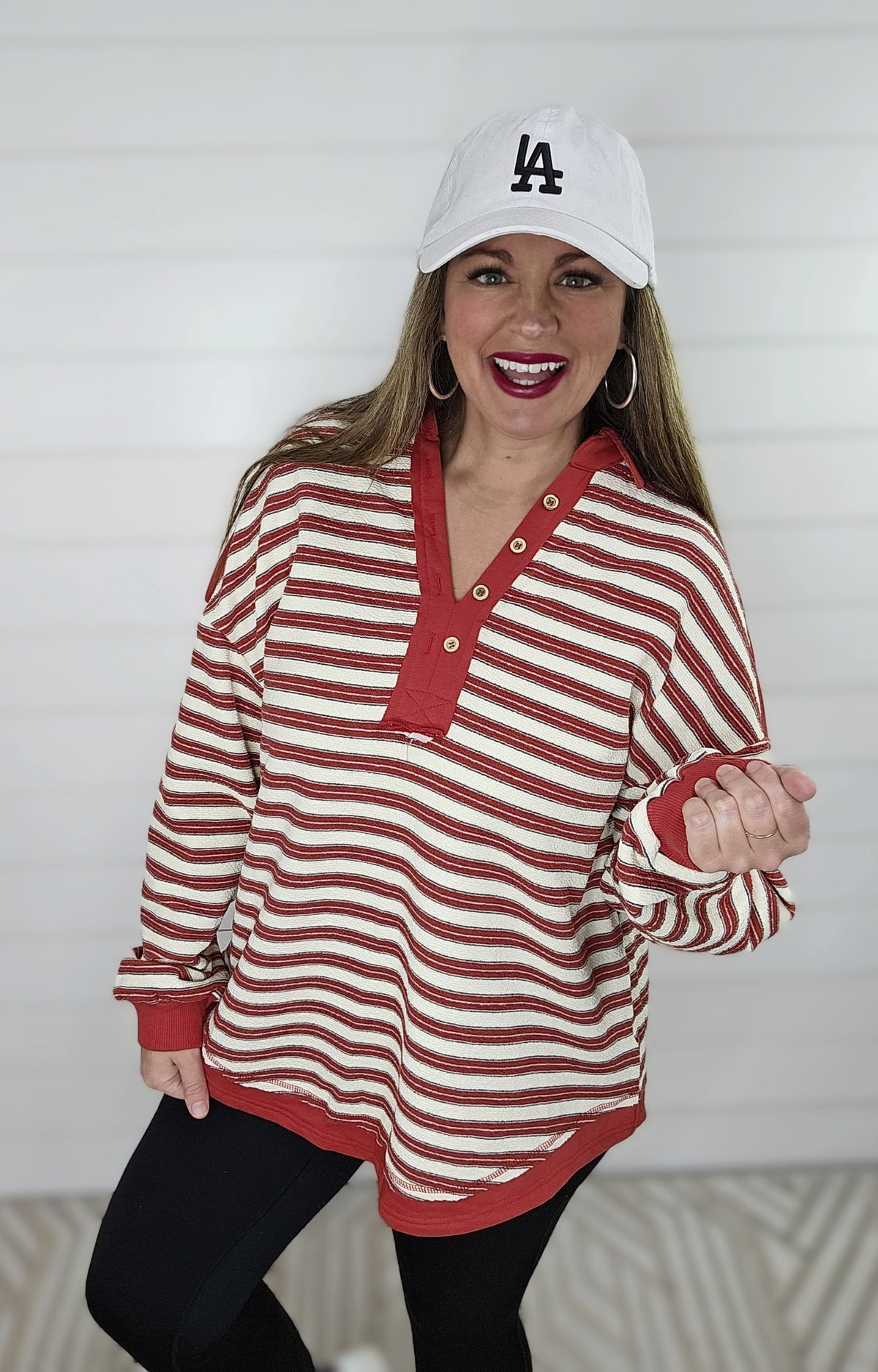 RED STRIPED V NECK COLLARED TOP