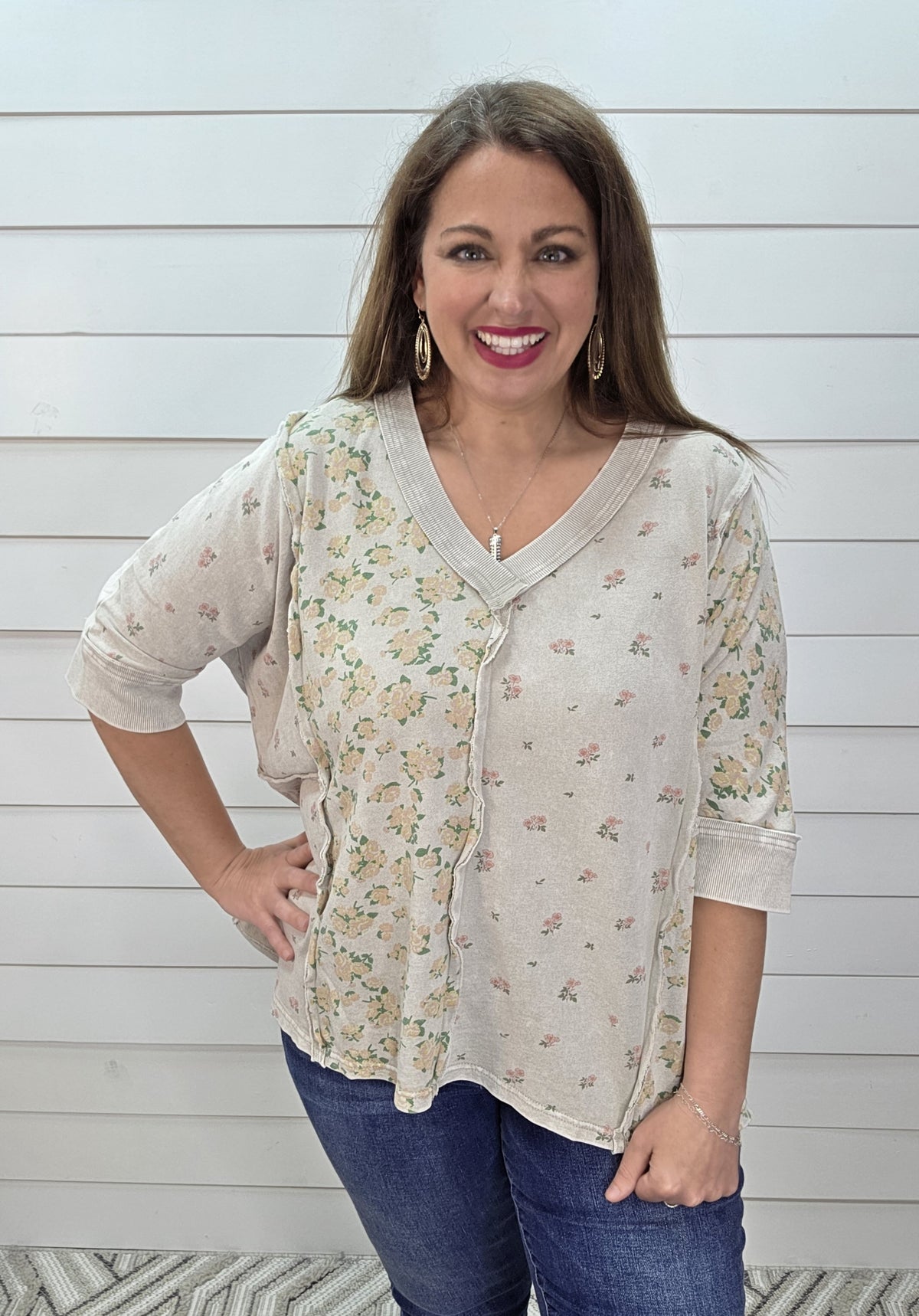 STONE GREY OVERSIZED FLORAL CONTRAST FRENCH TERRY KNIT TOP