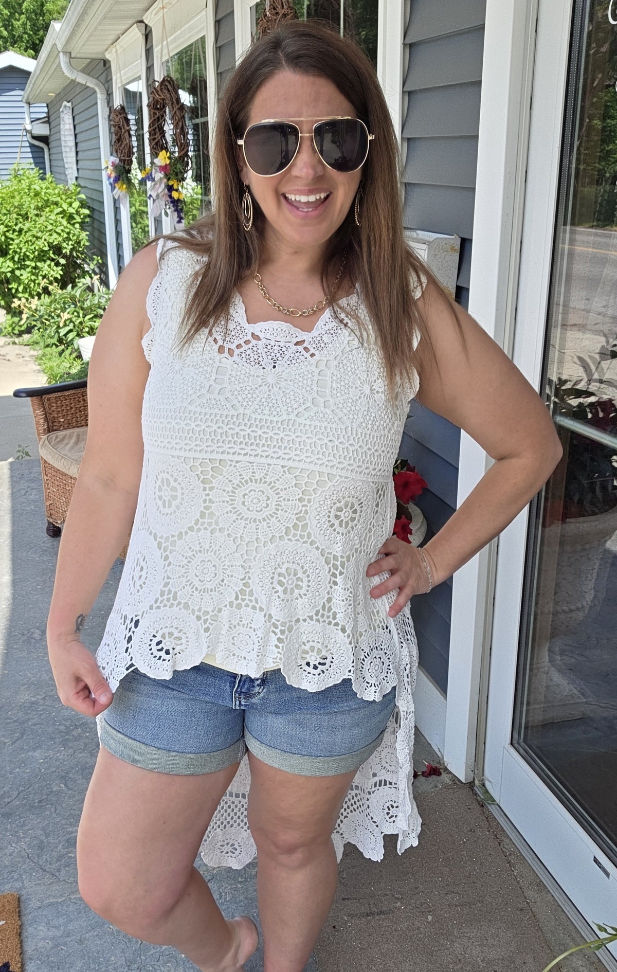 WHITE CROCHET HI LOW SLEEVELESS TUNIC TOP