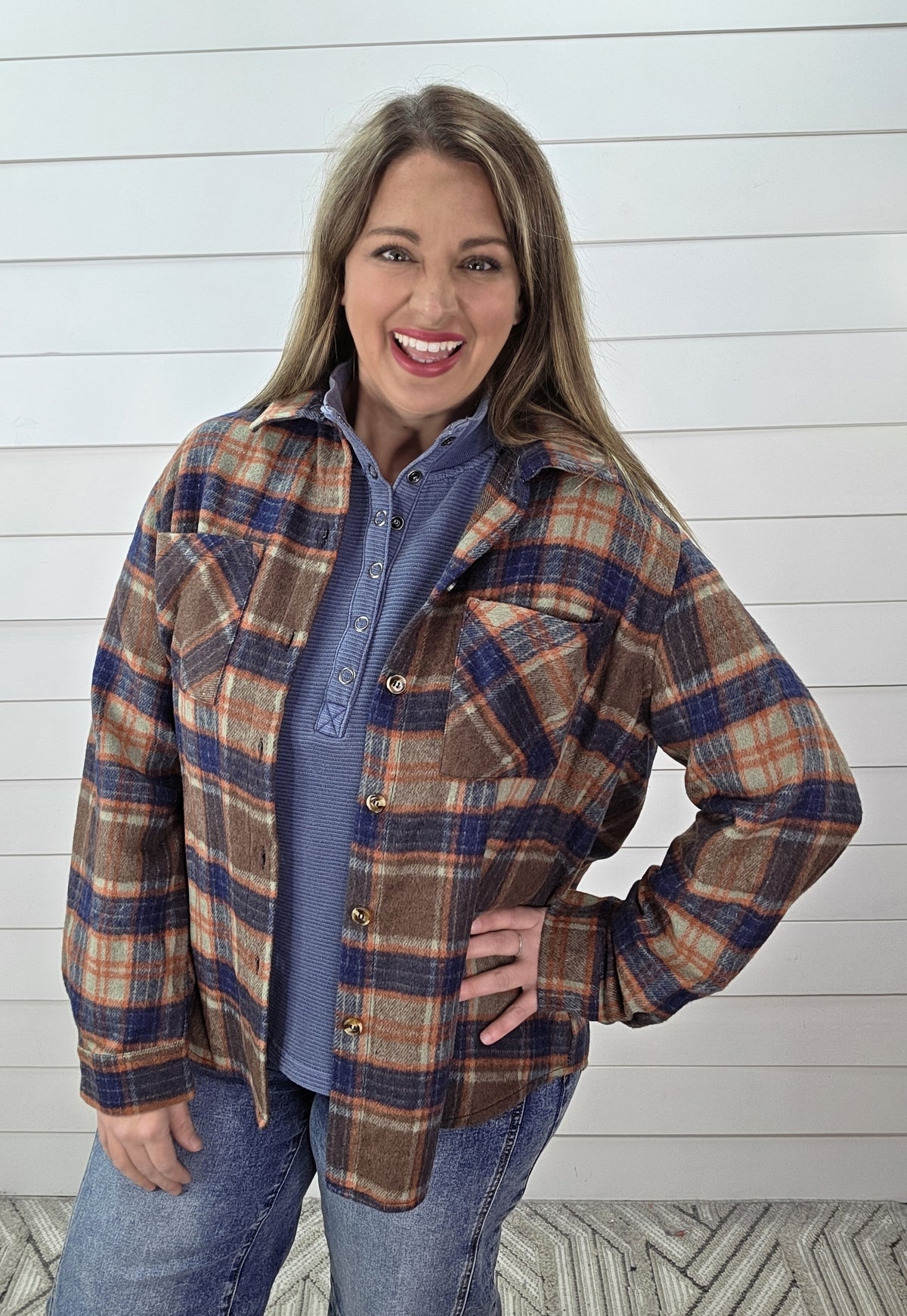 BROWN/NAVY PLAID BUTTON UP