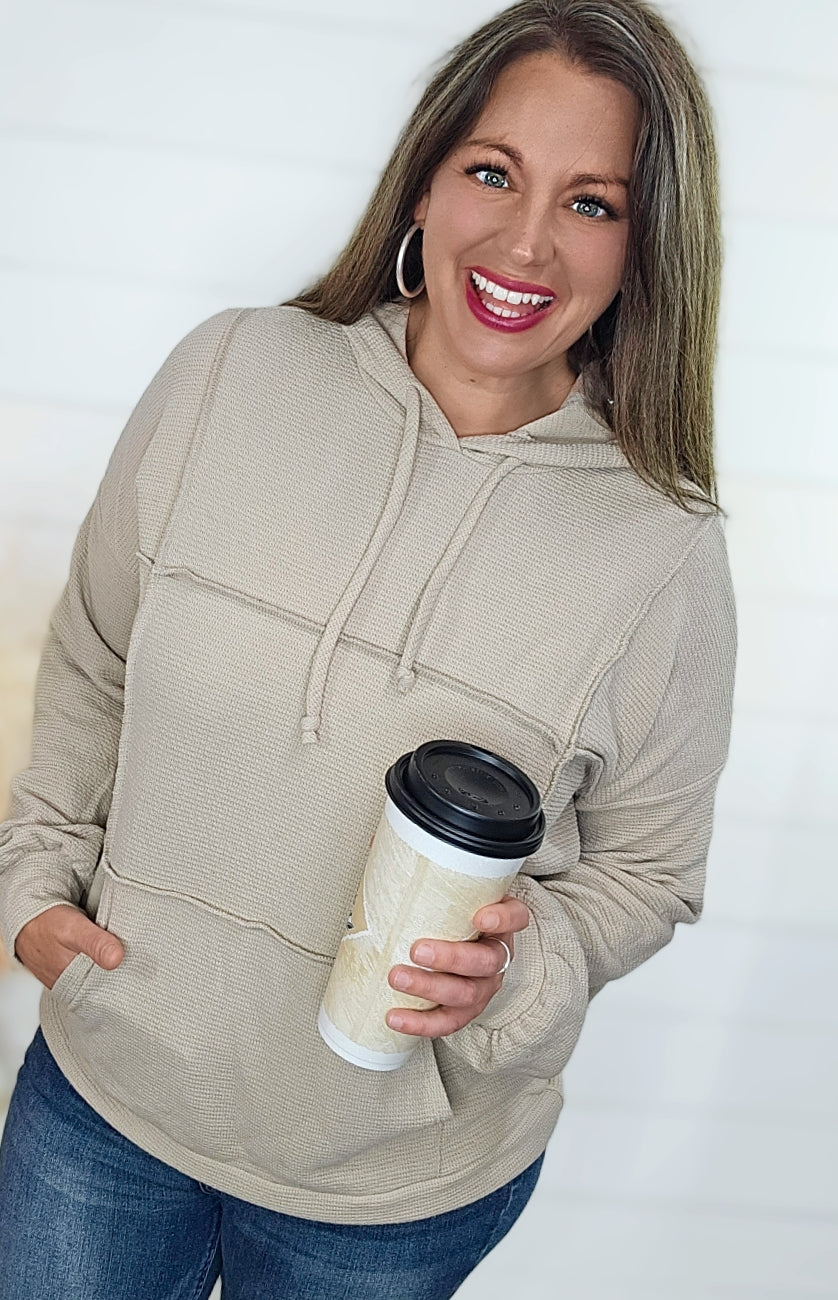 TAUPE DRAWSTRING HOODIE WITH REVERSE STITCHING