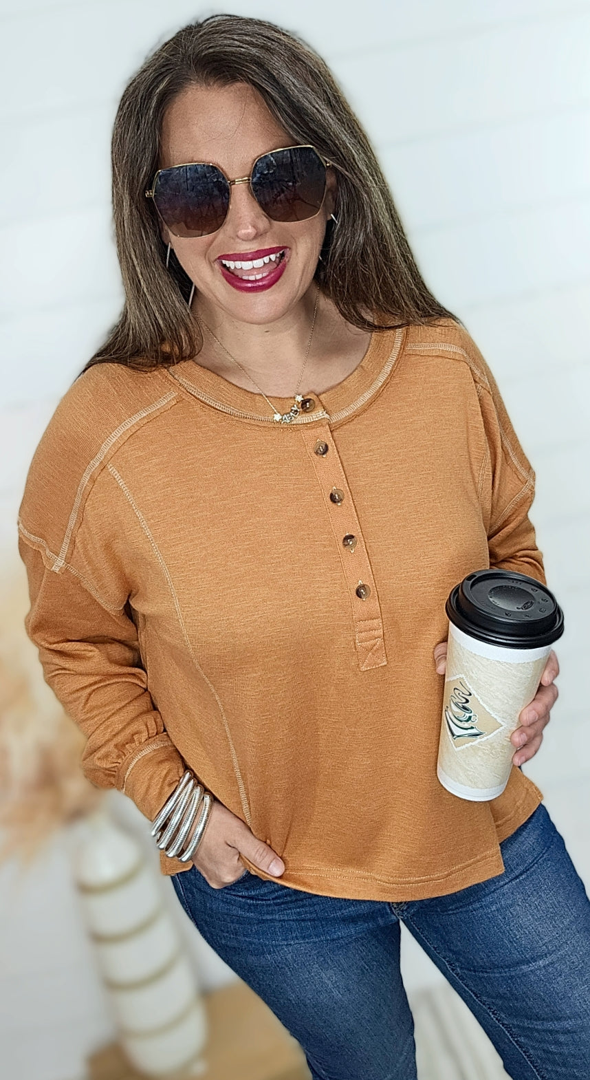 RUST HENLEY CONTRAST STITCH TOP