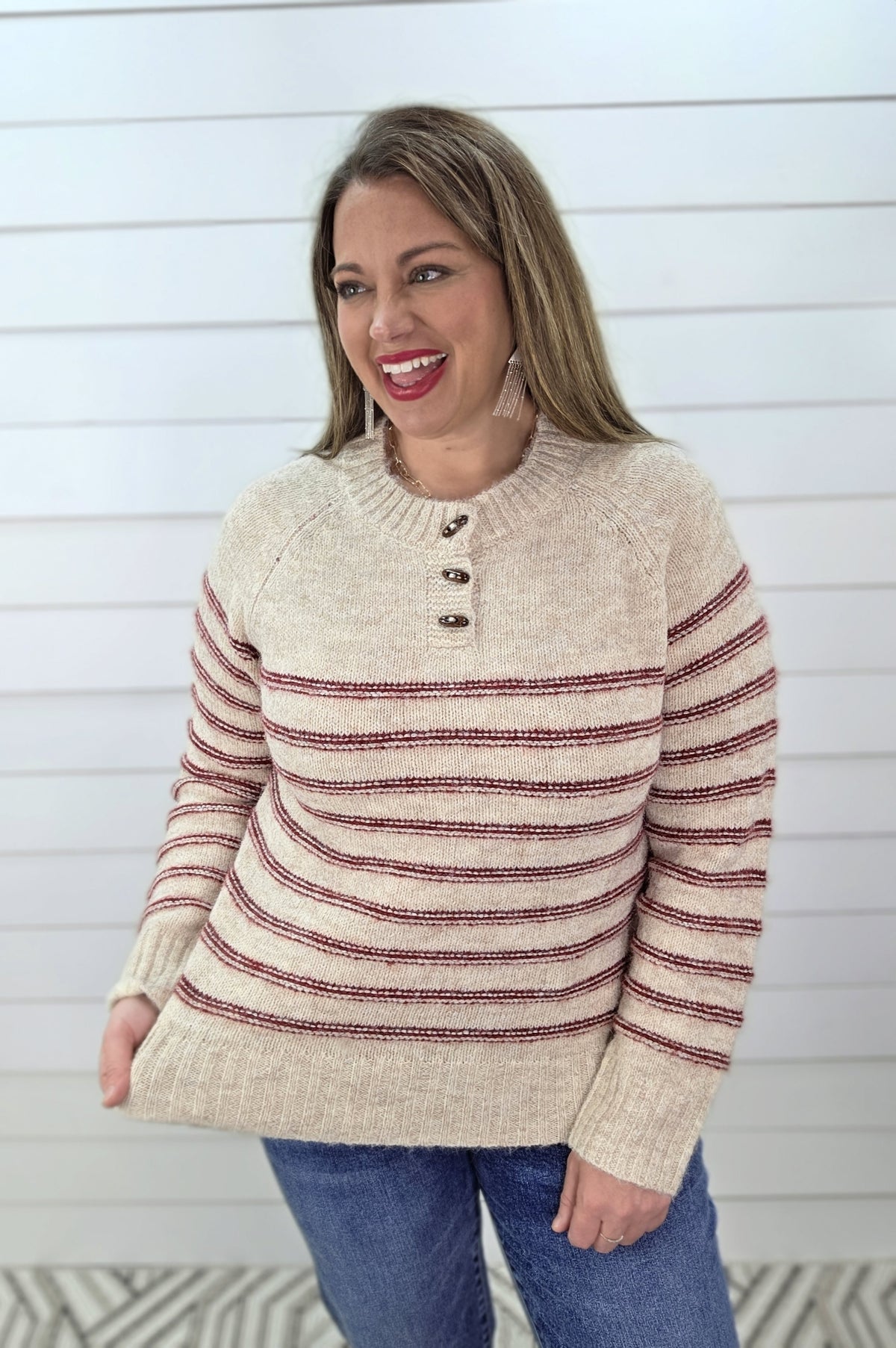 OATMEAL/RED STRIPED SWEATER WITH WOOD BUTTONS