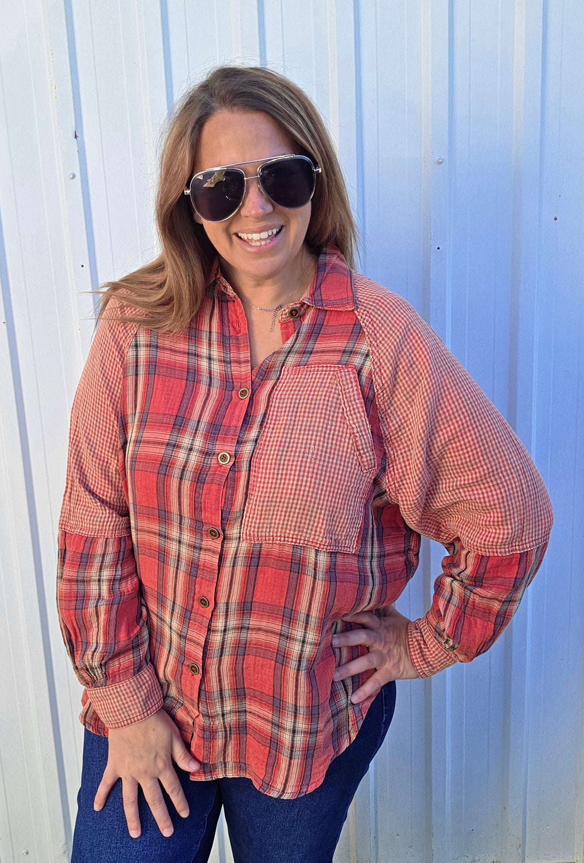 VINTAGE RED MIXED MEDIA OVERSIZED BUTTON DOWN PLAID TOP