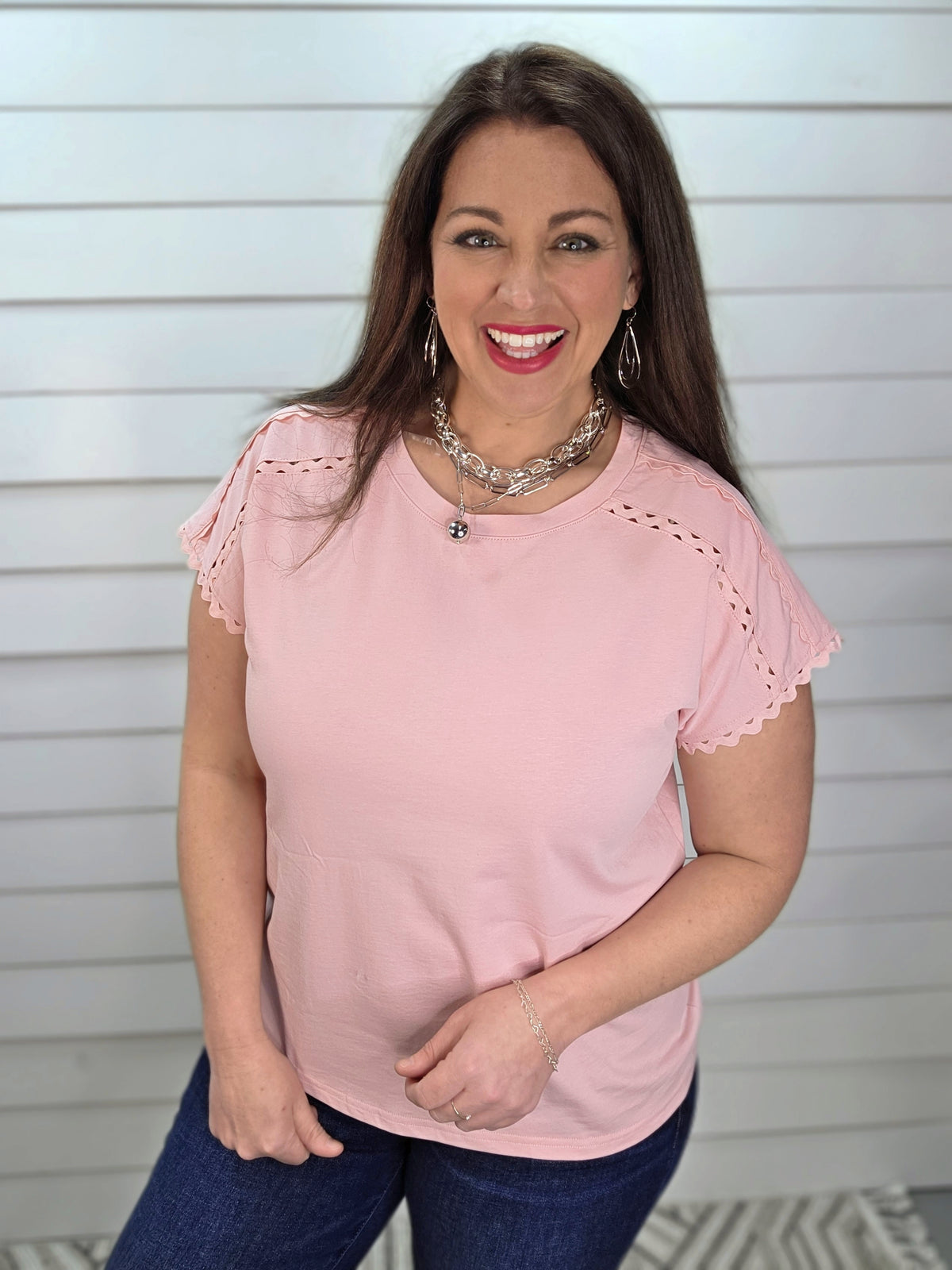 BLUSH RIC RAC TRIM DROP SHOULDER SHORT SLEEVE COTTON TOP