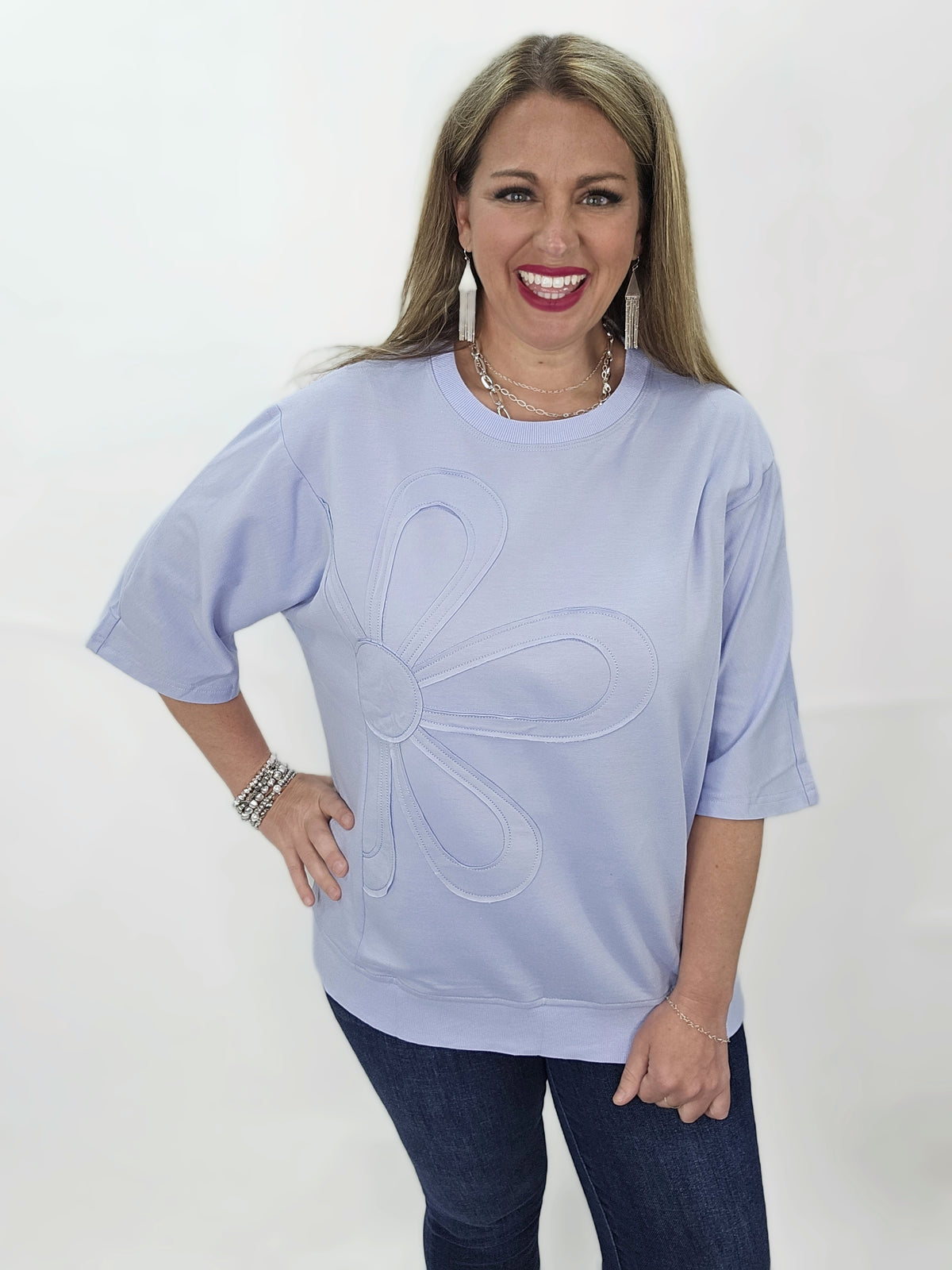 BLUE FLORAL PATCH HALF SLEEVE KNIT TOP