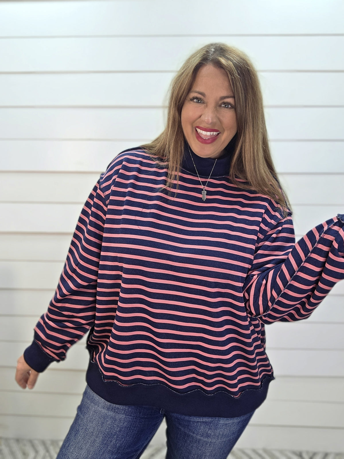 NAVY/MAUVE STRIPED MOCK NECK PULLOVER