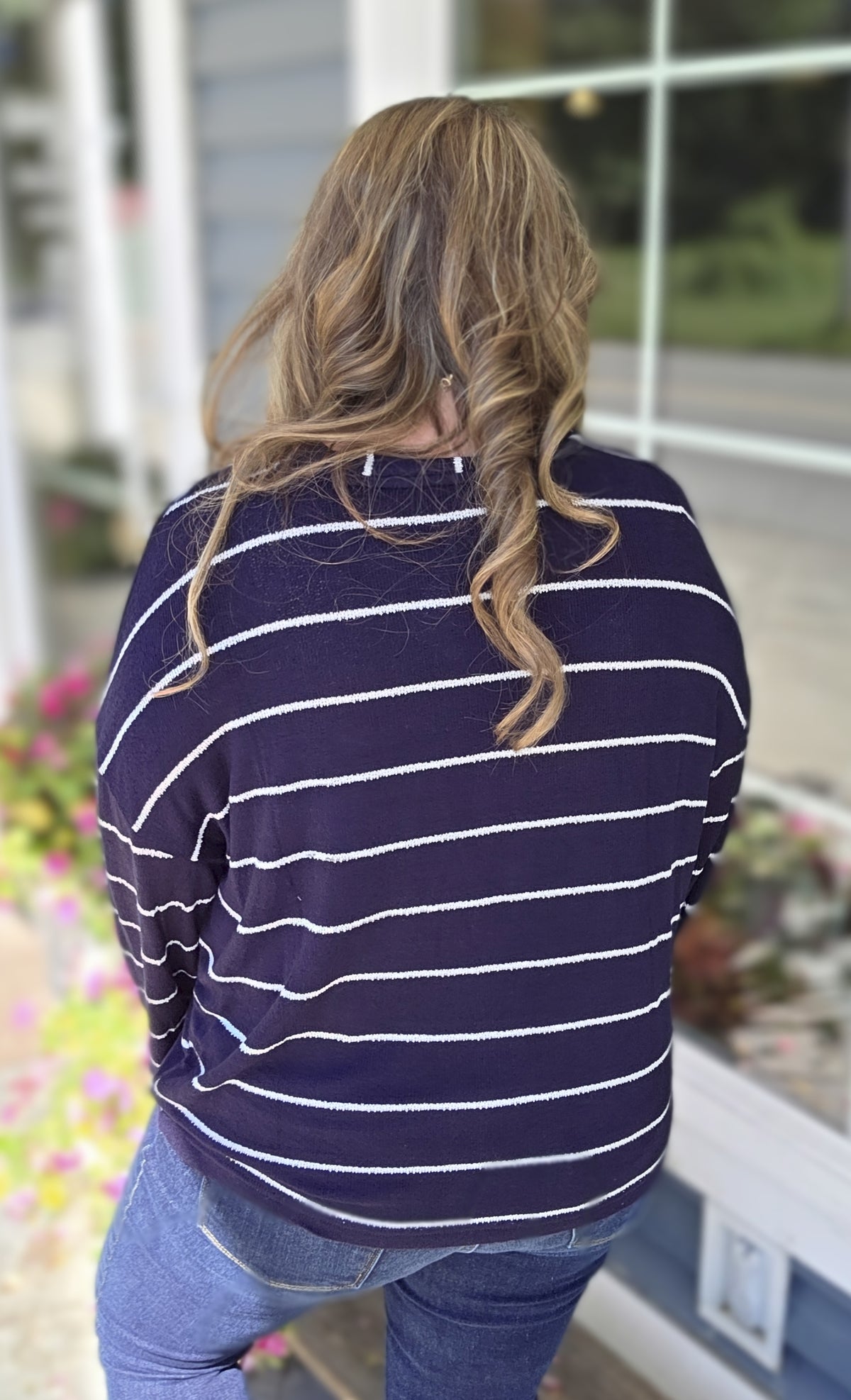 NAVY PINSTRIPE LIGHT WEIGHT SOFT SWEATER