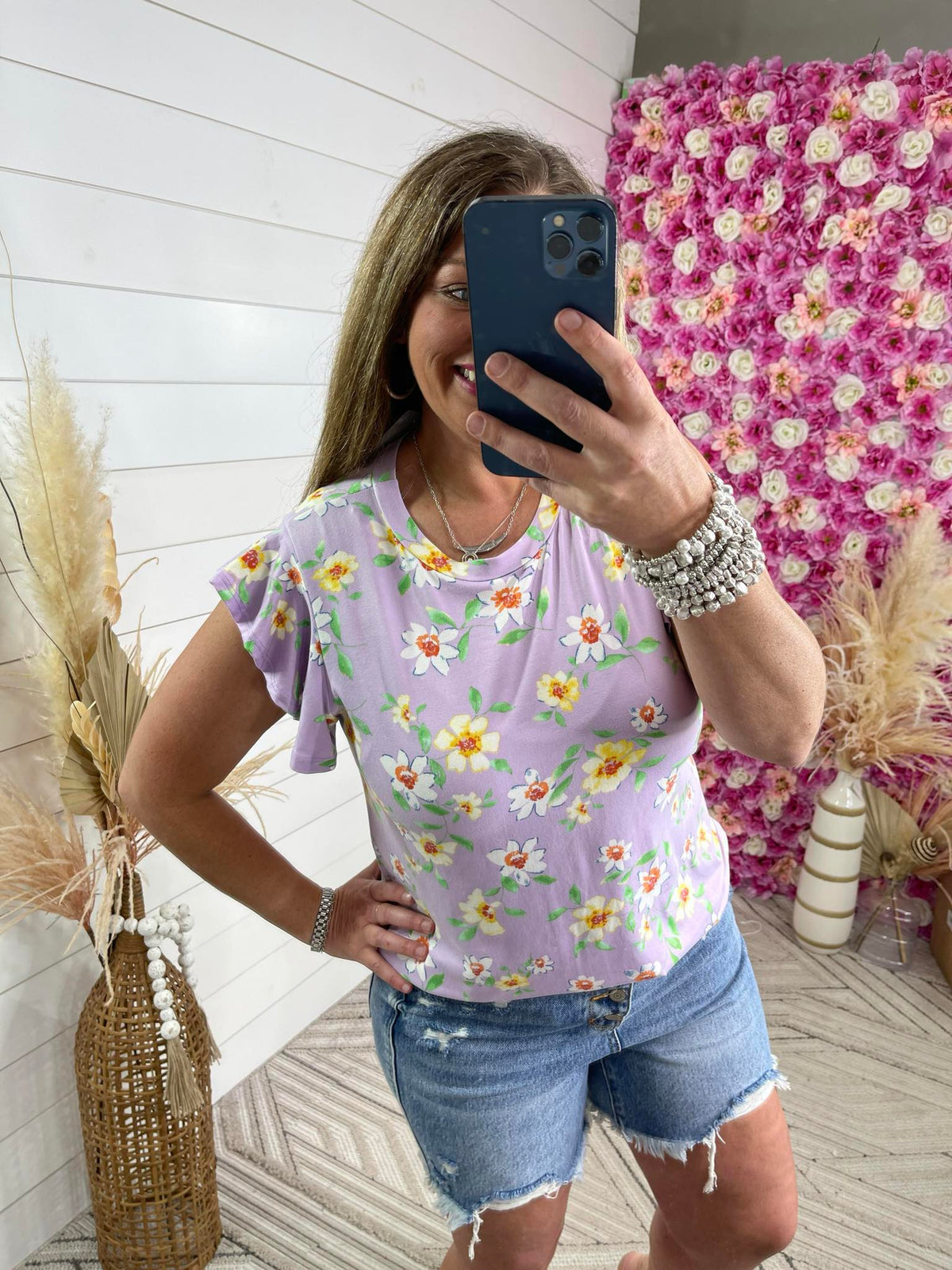 LAVENDER FLORAL ROUND NECK RUFFLE SLEEVE TOP