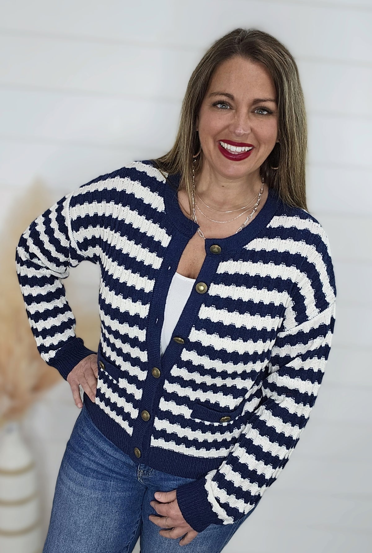 NAVY STRIPED TEXTURED BUTTON KNIT CARDIGAN