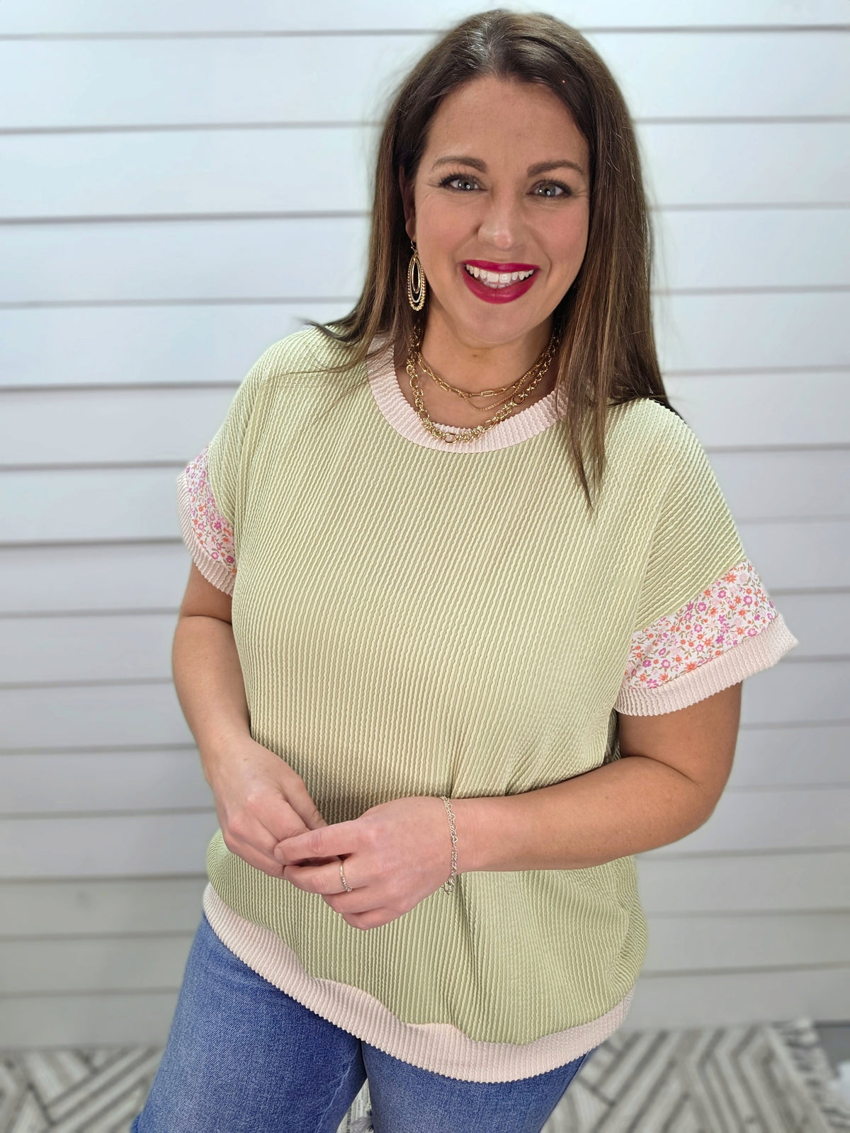 SAGE RAISED RIBBED KNIT TOP W/ FLORAL TRIM