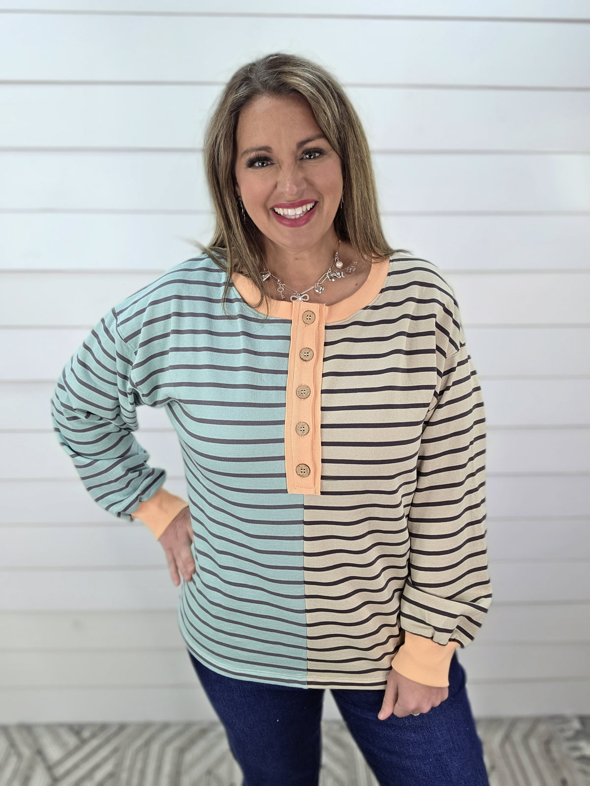 JADE/OATMEAL STRIPED CONTRAST BUTTON TRIM FRENCH TERRY TOP