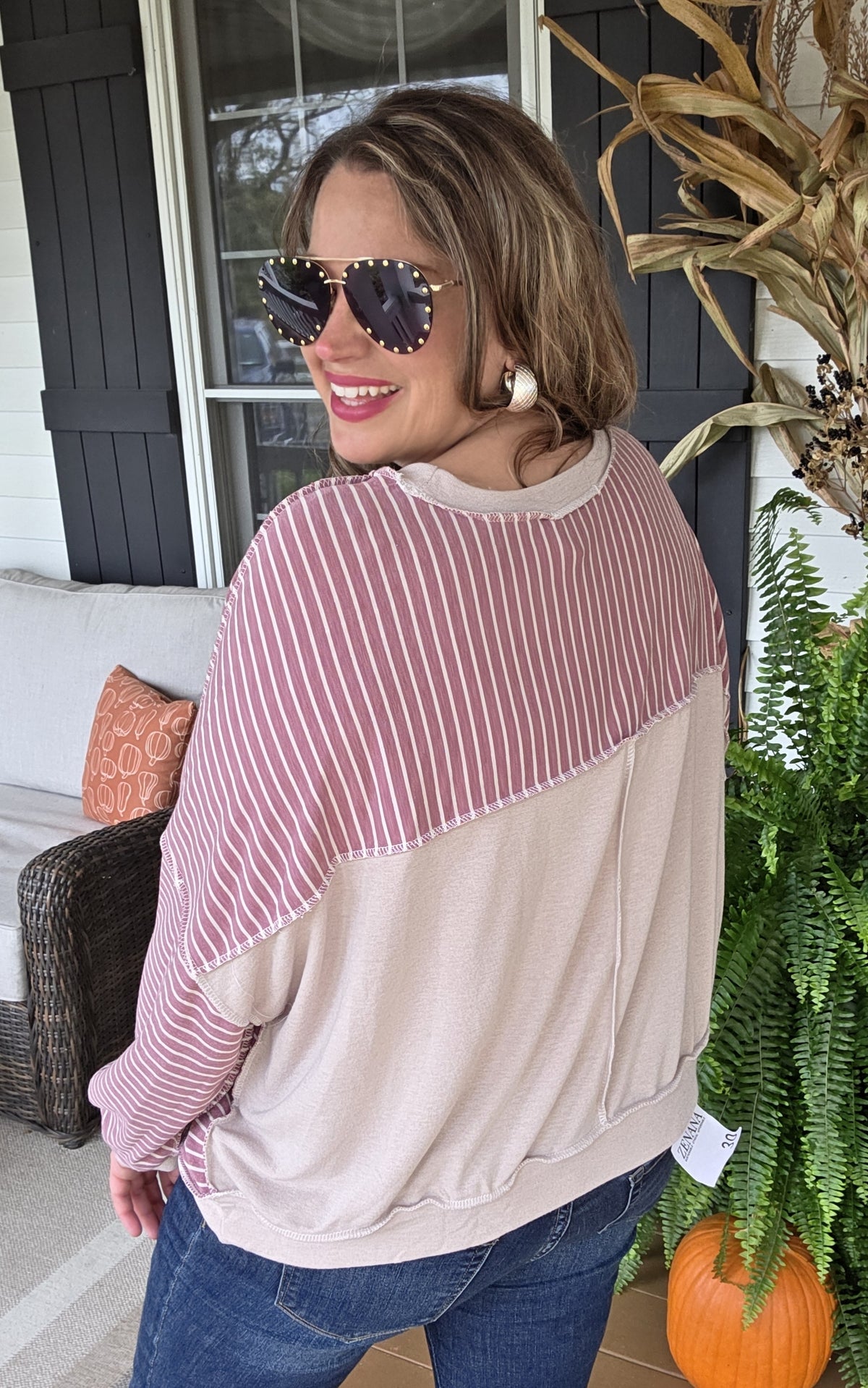 ROSE MAUVE STRIPED DROP SHOULDER LOOSE FIT TOP