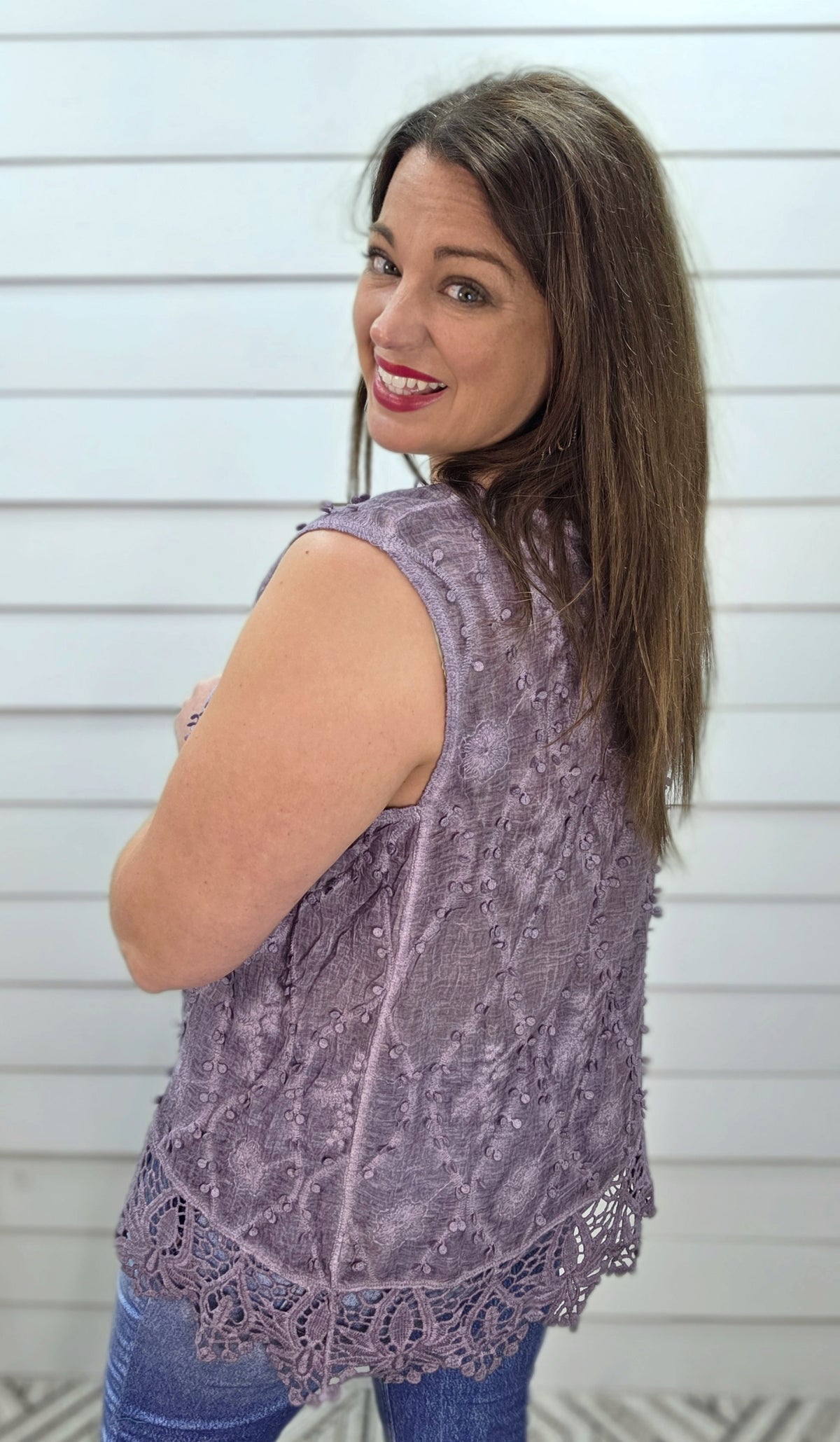 PURPLE CASUAL CROCHET DETAIL TANK TOP