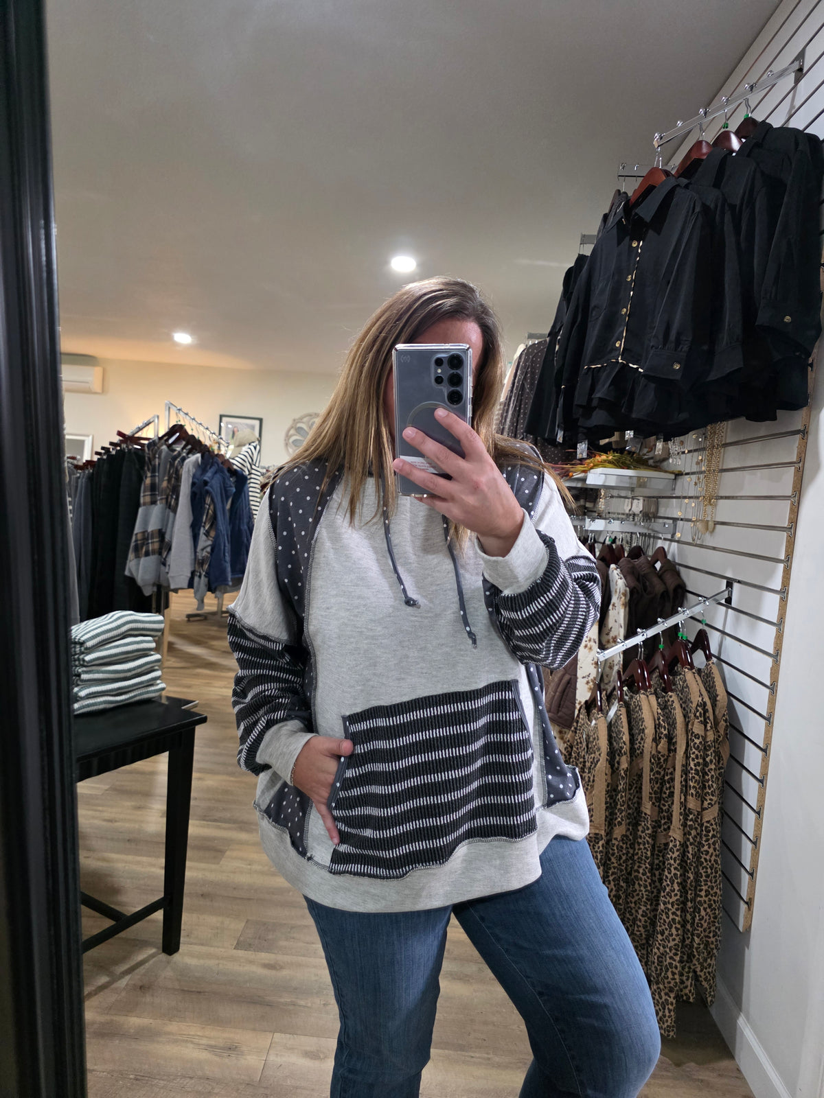 HEATHERED GREY/CHARCOAL Combines Solid French Terry Body With Polka Dot Print Long Sleeves And Striped