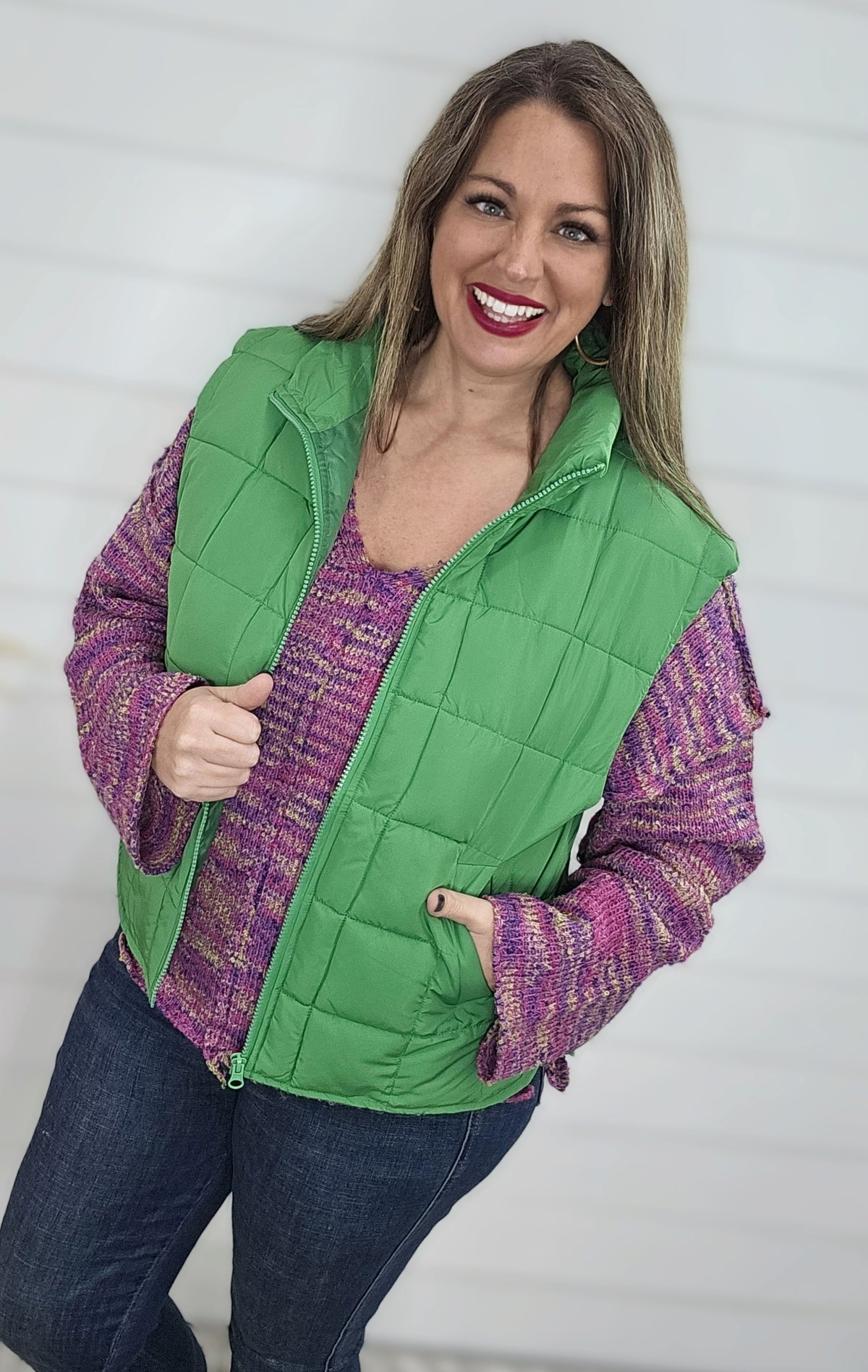 KELLY GREEN PUFFER ZIP VEST