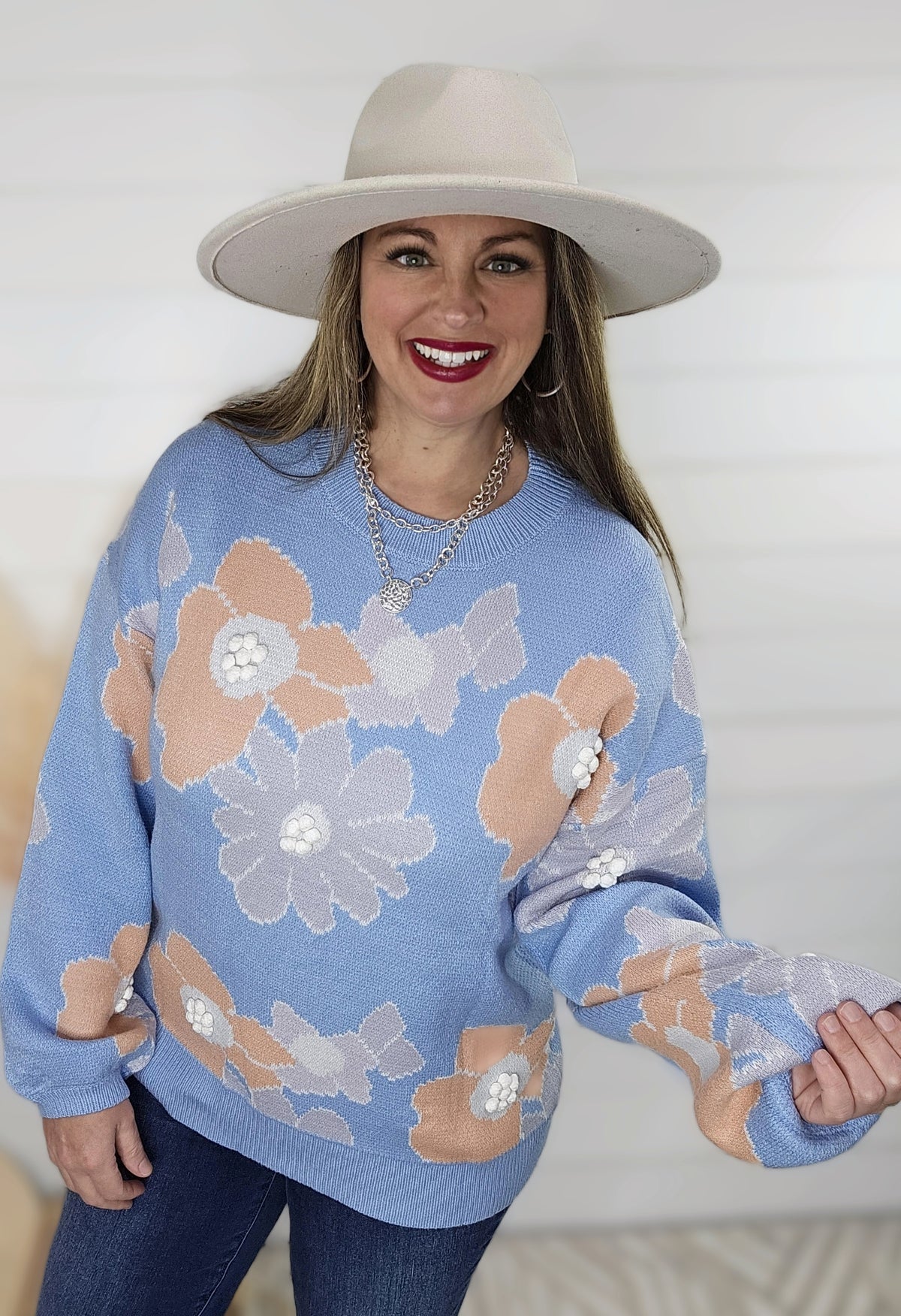 BLUE FLORAL POM POM SWEATER