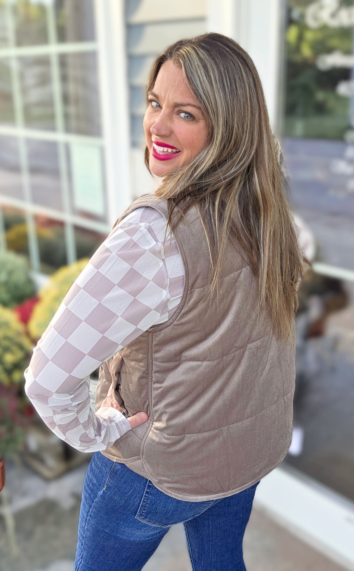 MOCHA MINI CORD PUFFER SNAP BUTTON VEST