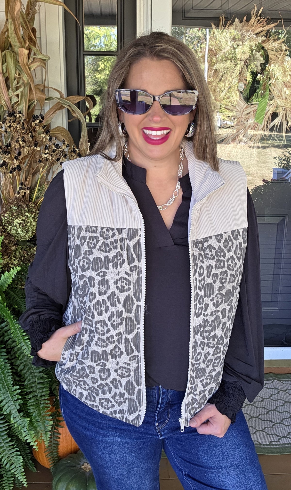 OATMEAL/LEOPARD CORDED CONTRAST VEST