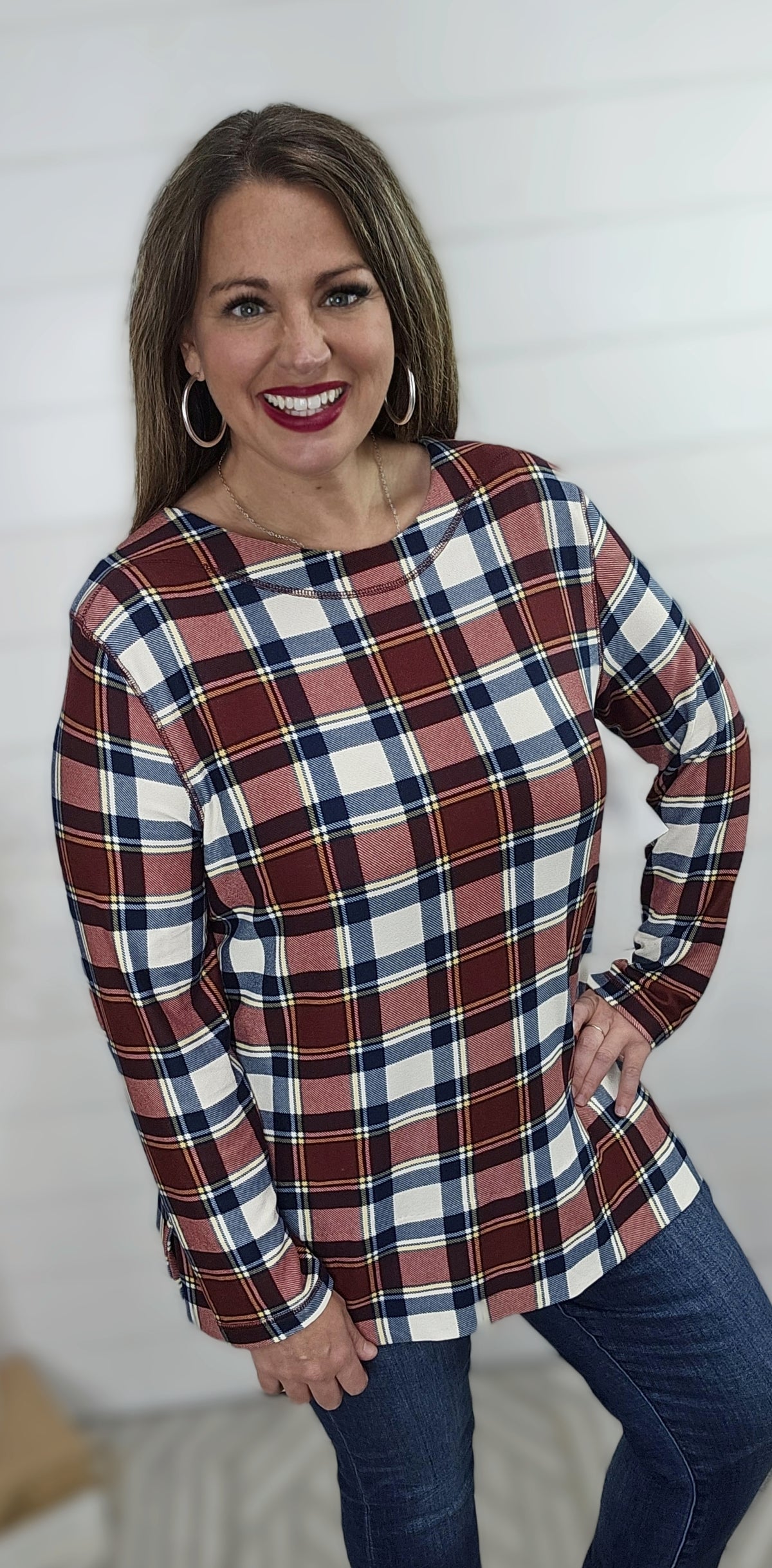 BRICK/NAVY PLAID CHECK KNIT TUNIC