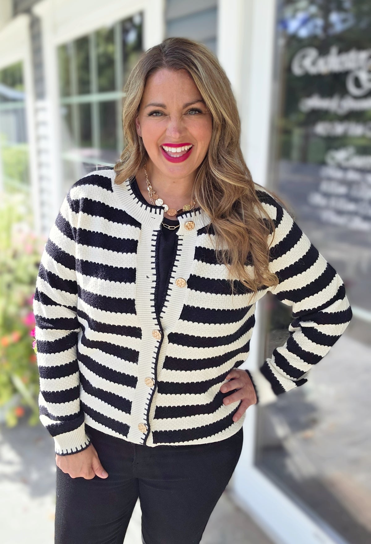 BLACK CHIC STRIPED GOLD BUTTON CARDIGAN