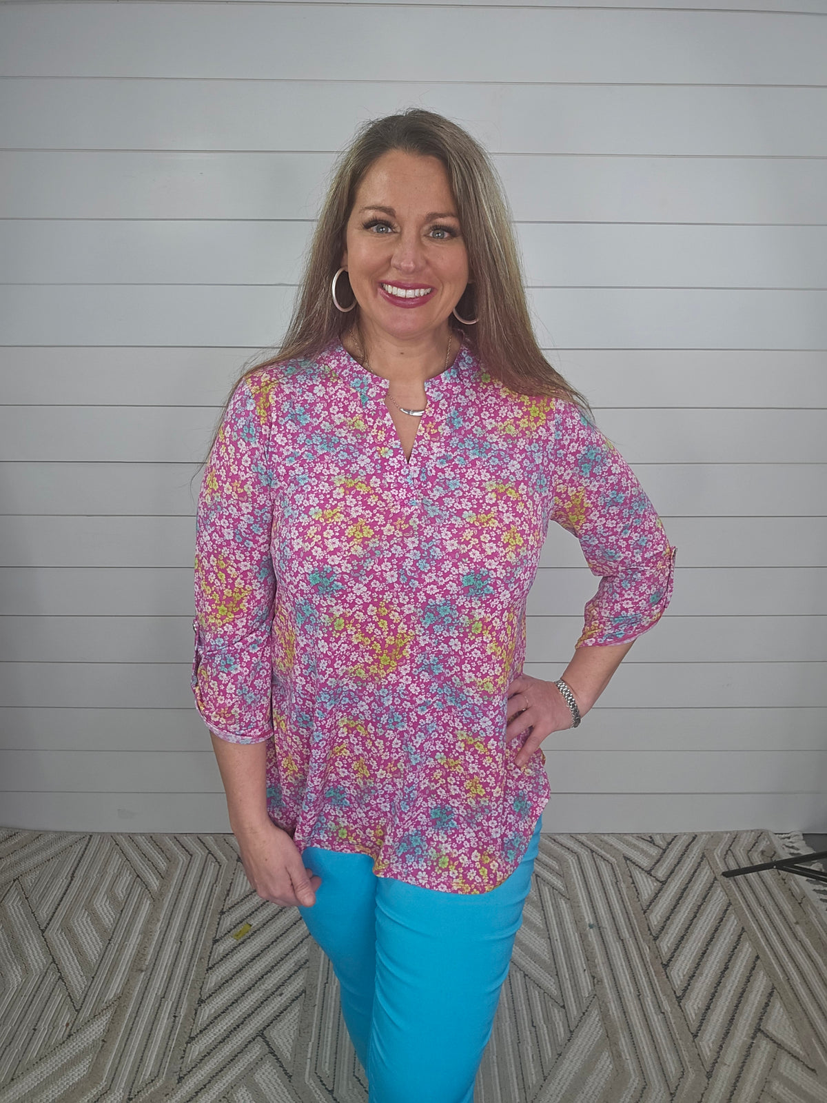 PINK FLORAL POPS OF COLOR LIZZY TOP