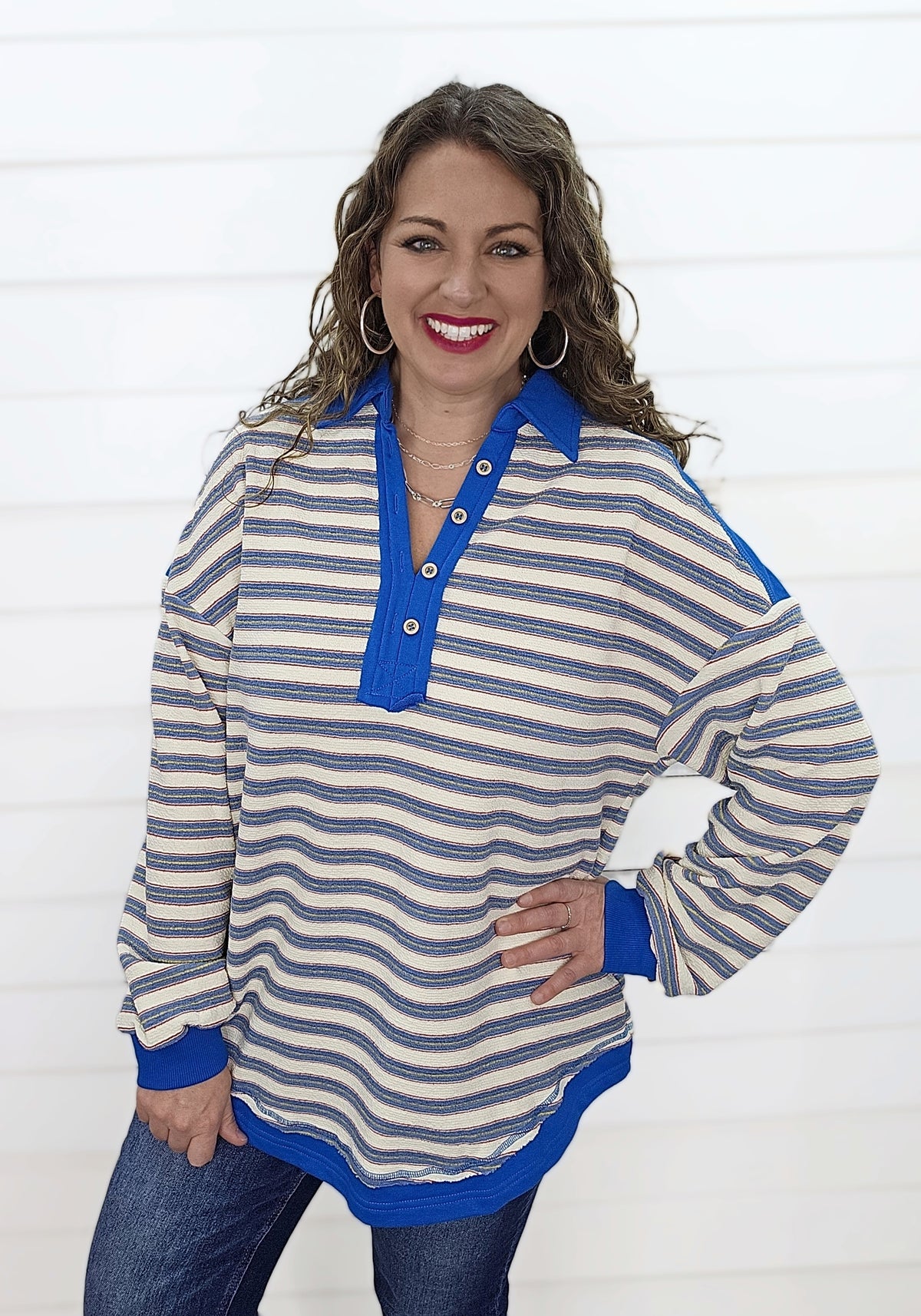 BLUE STRIPED V NECK COLLARED TOP