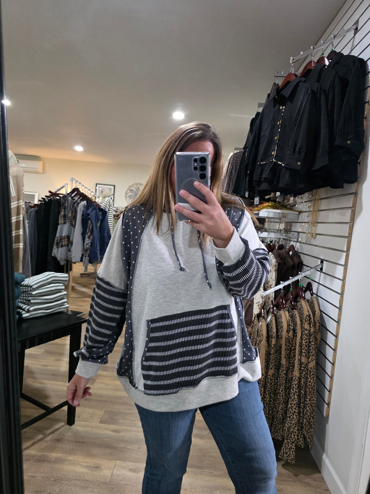 HEATHERED GREY/CHARCOAL Combines Solid French Terry Body With Polka Dot Print Long Sleeves And Striped