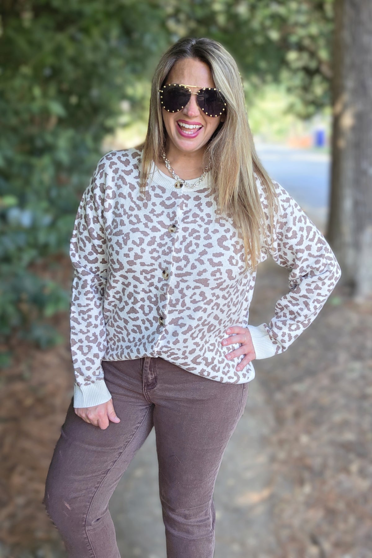 BROWN/CREAM ANIMAL PRINT BUTTON DOWN SWEATER CARDIGAN