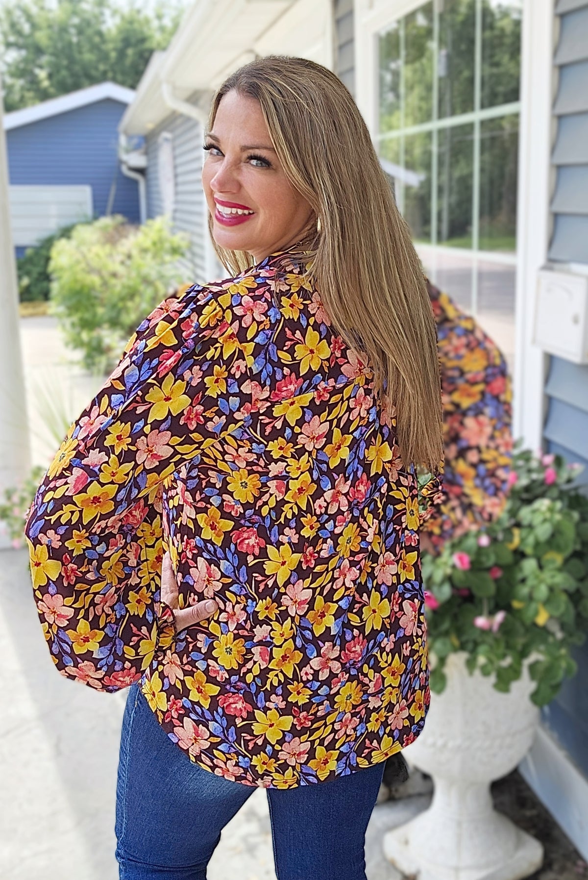 DEAR SCARLETT CHOCOLATE MULTI FLORAL LONG SLEEVE SMOCKED LIZZY